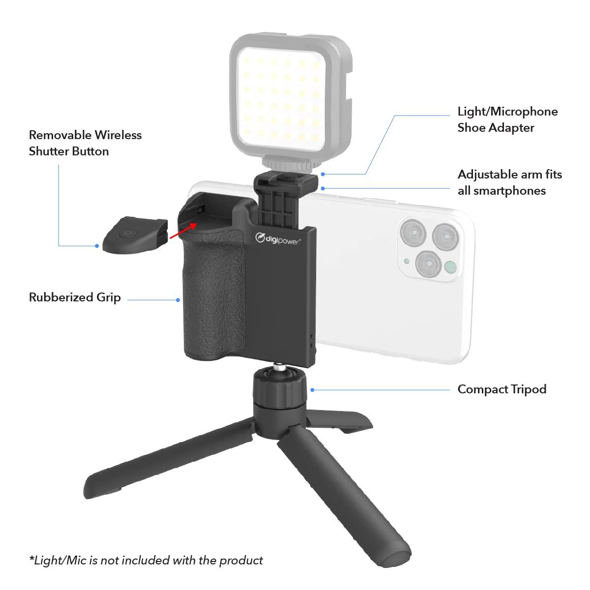 DigiPower DigiPower Pocket Grip Stabilizer with Wireless Shutter Remote & Table-Top Mini Tripod for Mobile Phone, Works with iPhones & Android Smartphones for Filming YouTube, TikTok, & Instagram Videos,