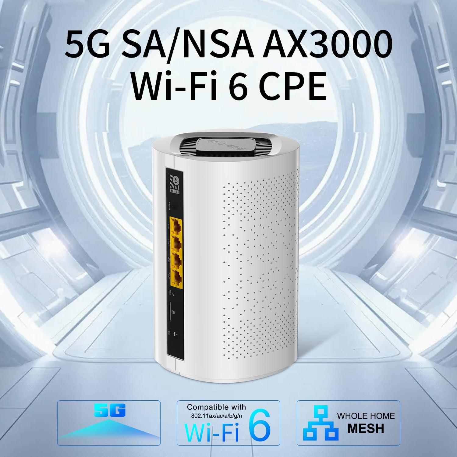 Wiflyer Wiflyer 5G SA NSA AX3000 WiFi 6 CPE Router for Global Countries, Dual Band Dual SIM Card 5G Cellular Router, 4 x 4 MIMO, Whole Home WiFi 6 Mesh System,Z8105AX-C-RM520NGL