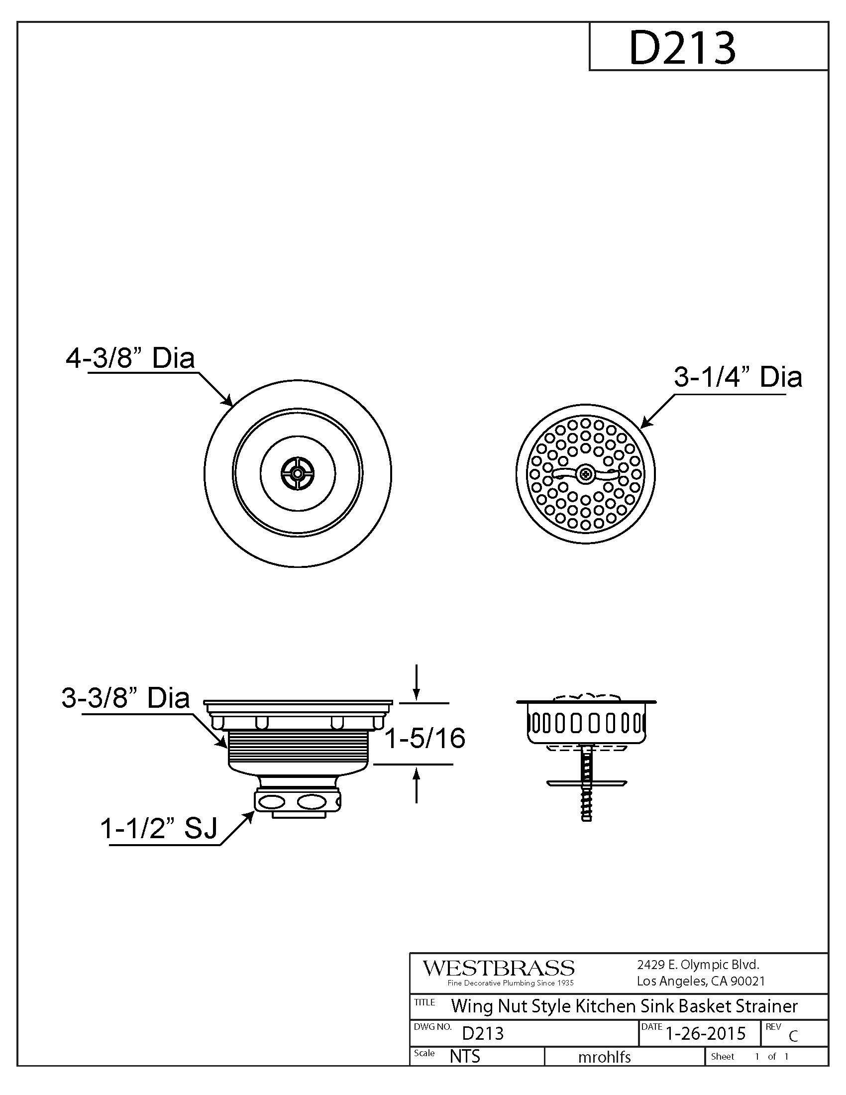 Westbrass Westbrass D213-01 3-1/2" Wing Nut Twist Style Large Kitchen Sink Basket Strainer, Single, Polished Brass