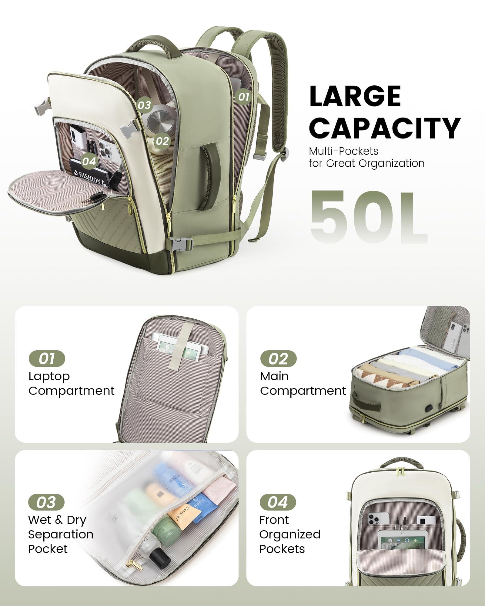 LOVEVOOK LOVEVOOK Large Travel Backpack for Women, 50L Carry on Backpack Airplane Approved, TSA Personal Item Travel Bag for Women fits 18" Laptop, Waterproof Carry on Bags for airplanes with 3 Packing Cubes