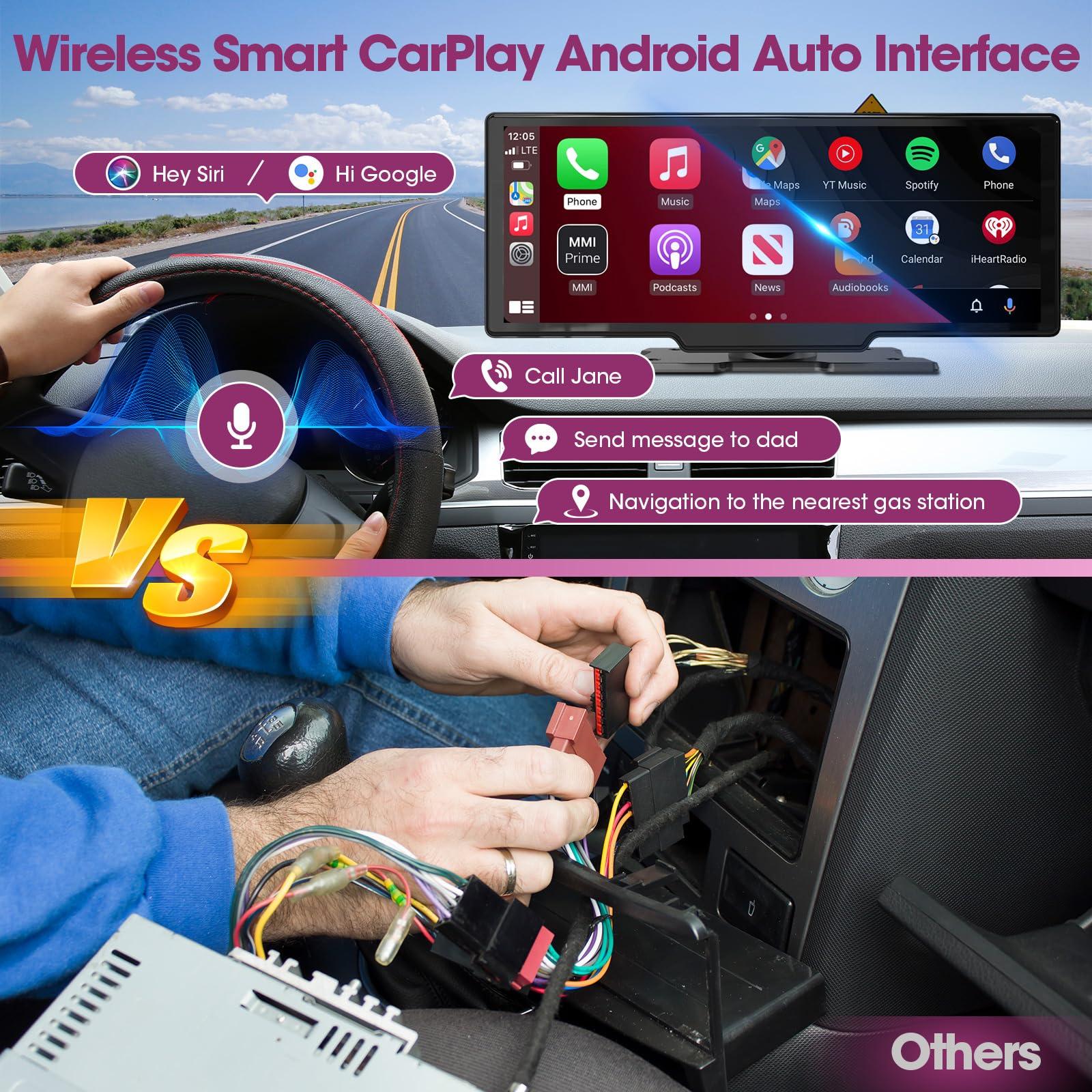 aboutBit Wireless CarPlay Screen Dash Mount - Portable Android Auto Car Stereo with 2.5K Dash Cam - 10.26 Inch HD IPS Display Loop Recording Car DVR Bluetooth Mirrorlink GPS Navigation Video Receivers