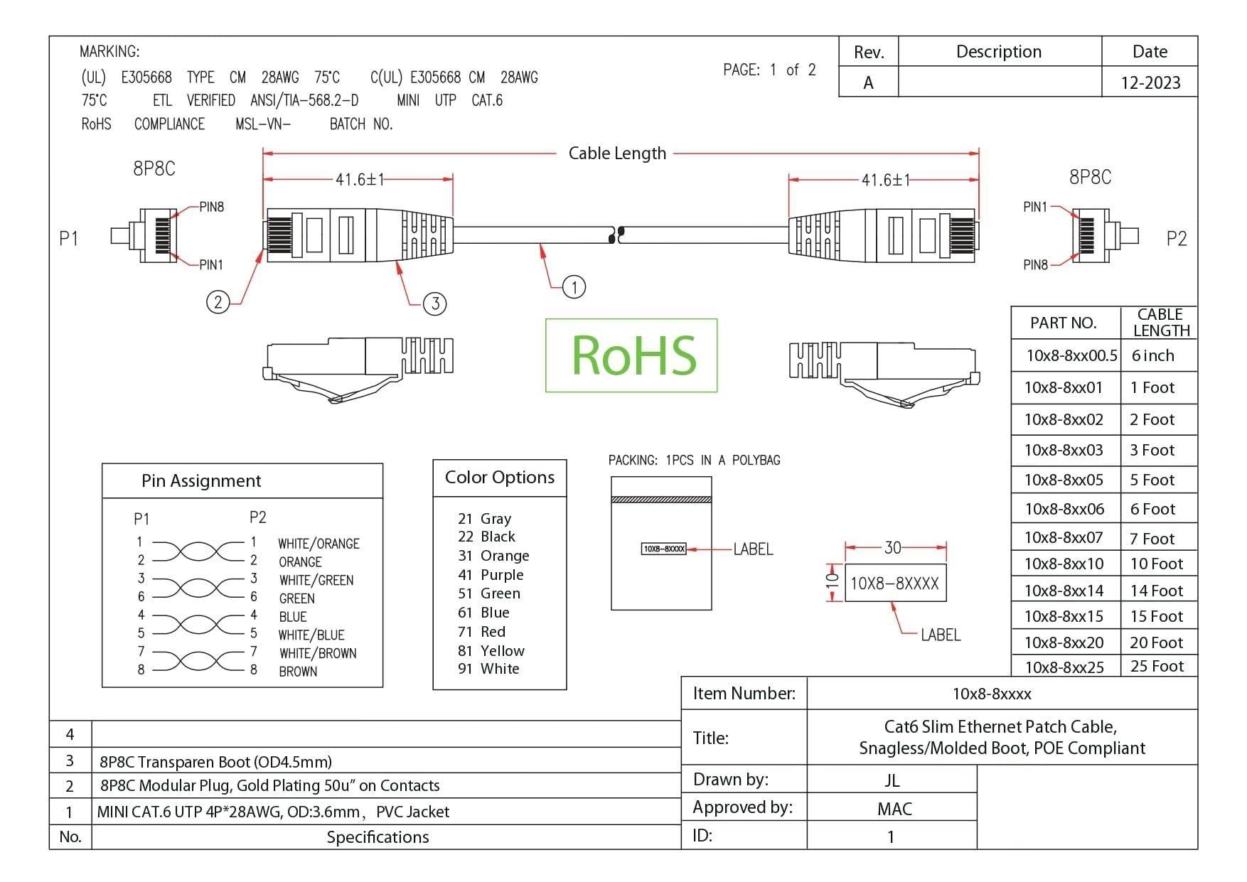 CableWholesale CableWholesale Cat6 Slim Ethernet Patch Cable, 28AWG, ETL Approved, RJ45 Gold Plate Connector Snagless/Boot Unshielded Twisted Pair (UTP), Internet Network Patch Cable, Green, 15 Foot