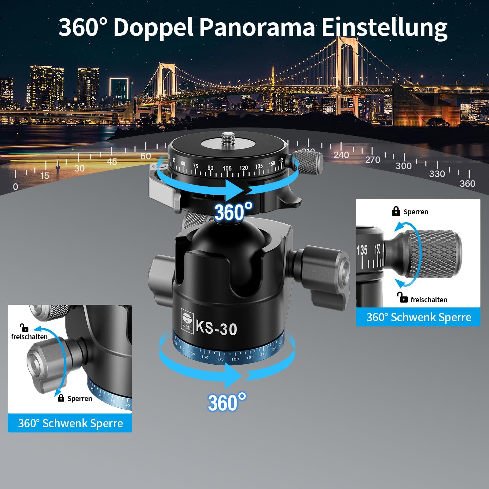 Sirui SIRUI 36mm Low Profile Ball Head KS-30, 360 Double Panoramic Aluminium Alloy Tripod Head for Camera, Camcorder, Professional Heavy Duty Ball Head for Tripod, Monopod, Camera Slider, Max Load 20KG