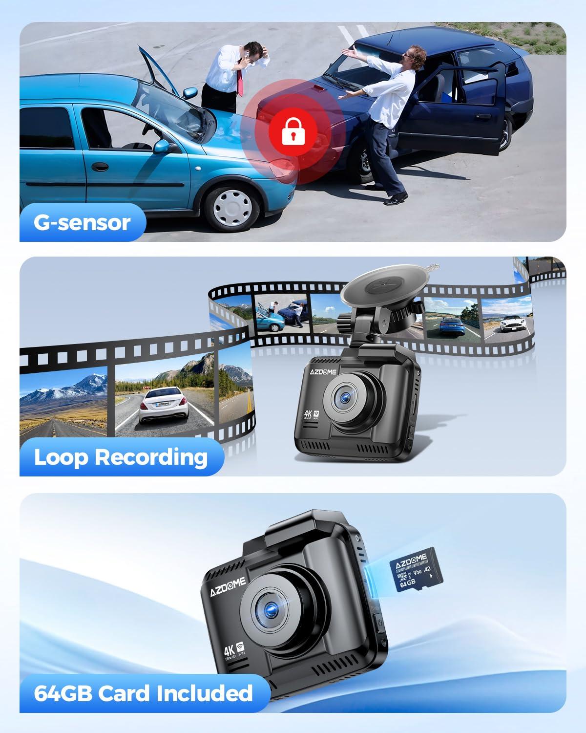 AZDOME AZDOME 4K Dash Cam Front and Rear, STARVIS Night Vision, UHD 2160P WiFi Dash Camera for Cars with GPS, Included 64GB Card, 2.4" IPS Screen Dashcam, 170Wide Angle, WDR, 24H Parking Mode (GS63H Pro)