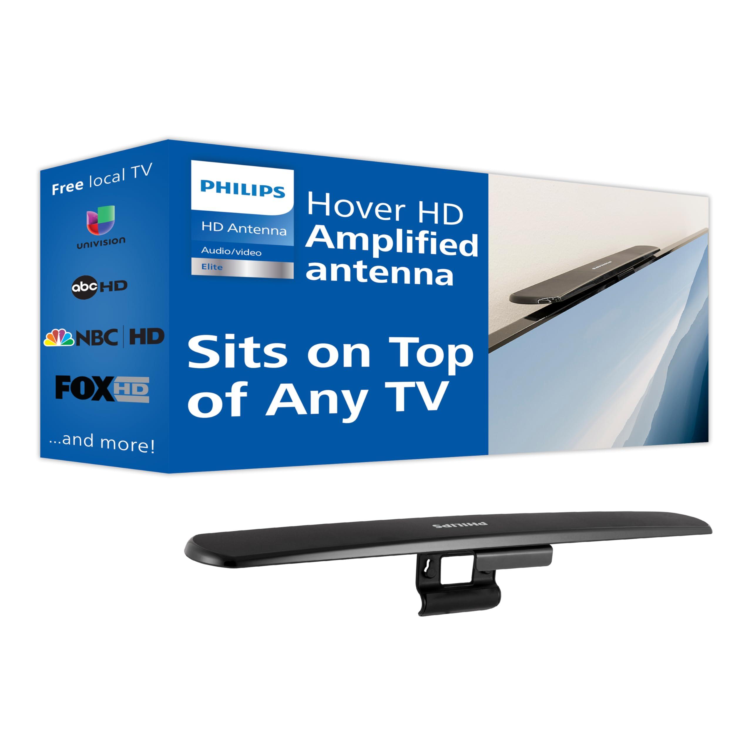 PHILIPS Philips Amplified HD Digital TV Antenna, Long Range Smart TV Antenna, Easy Mount on Top of TV Design, Supports 4K 1080P HD VHF UHF, Amplified Signal Booster, Coax HDTV Cable/AC Adapter, SDV7219N/27