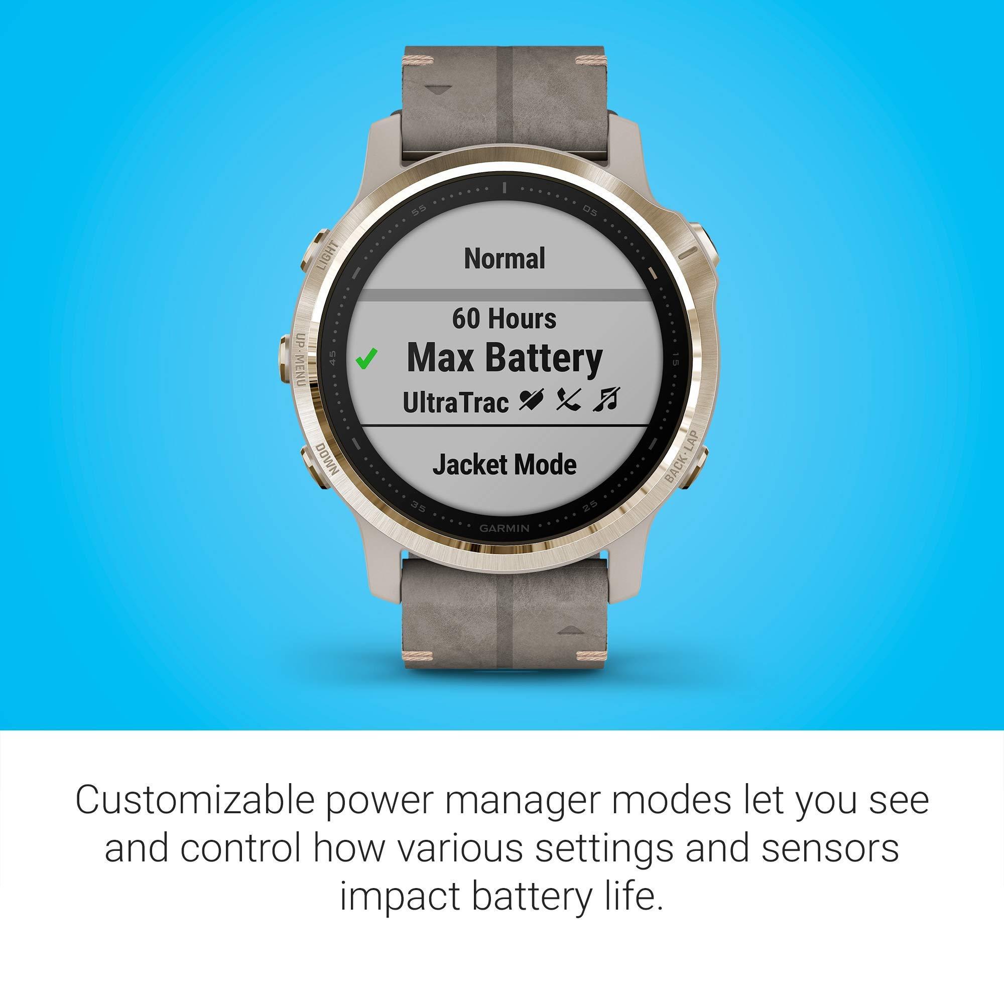 Garmin Garmin Fenix 6S Sapphire, Premium Multisport GPS Watch, Smaller-Sized, features Mapping, Music, Grade-Adjusted Pace Guidance and Pulse Ox Sensors, Light Gold with Gray Leather Band (Renewed)