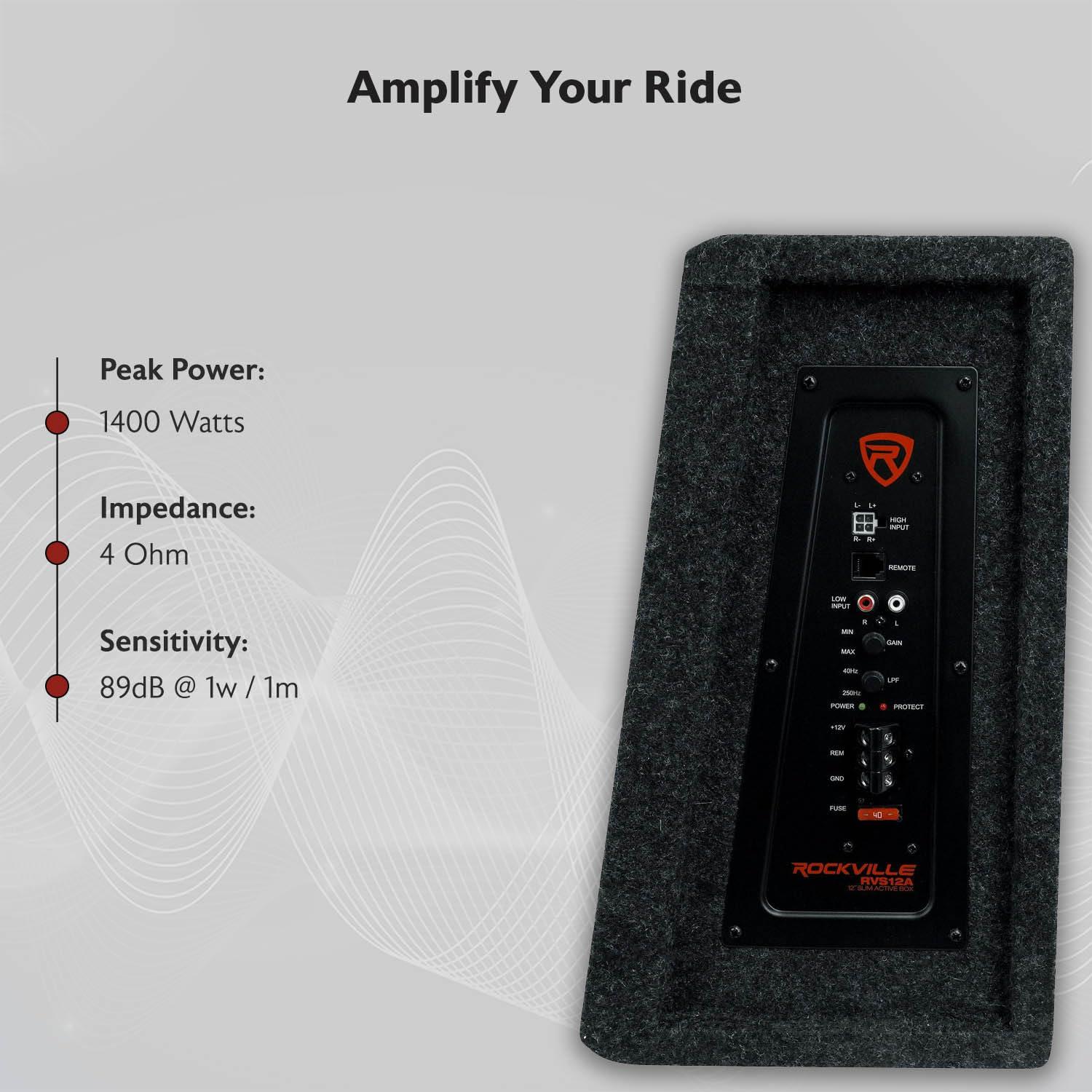 Rockville Rockville RVS12A 12" Slim Vented Powered Car Subwoofer Enclosure, 1400 Watts Black