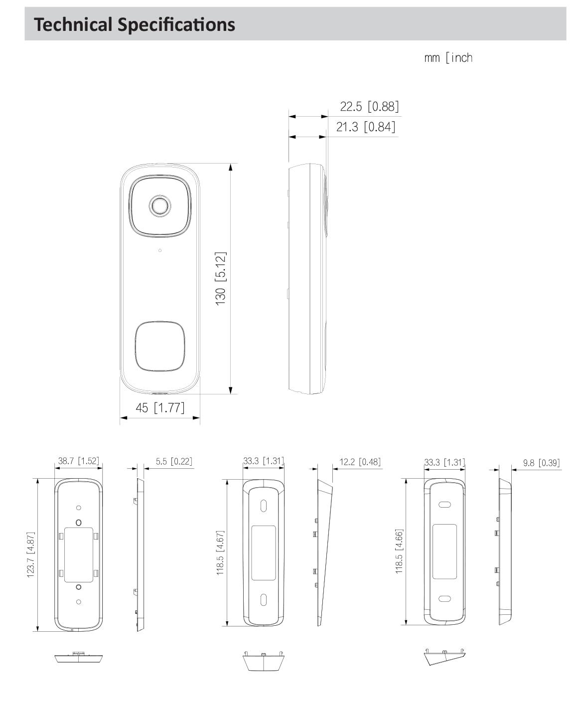 eSecure DH-DB6I 5MP Wired Video Doorbell Kit for Dahua, 2.4GHz and 5GHz Wi-Fi connectivity, Two-Way Talk, 2.2mm Wide Angle View, MicroSD Slot, Comes with Angle Brackets and Chime Kit
