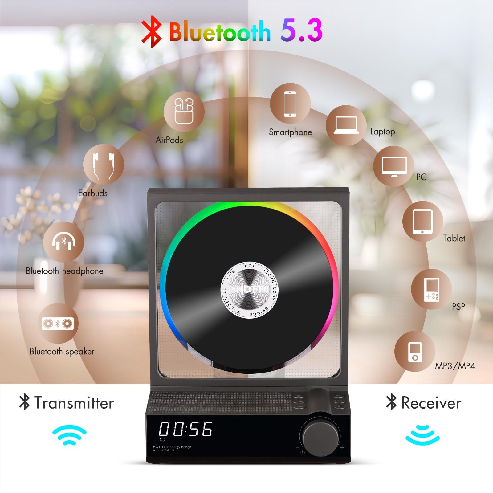 bodymaster HOTT CD Player Portable with RGB Lights Bluetooth 5.3 Desktop CD Player,Portable CD Player with HiFi Speakers, Supports TF Card, Transcription, LED Screen, Timer (Grey)