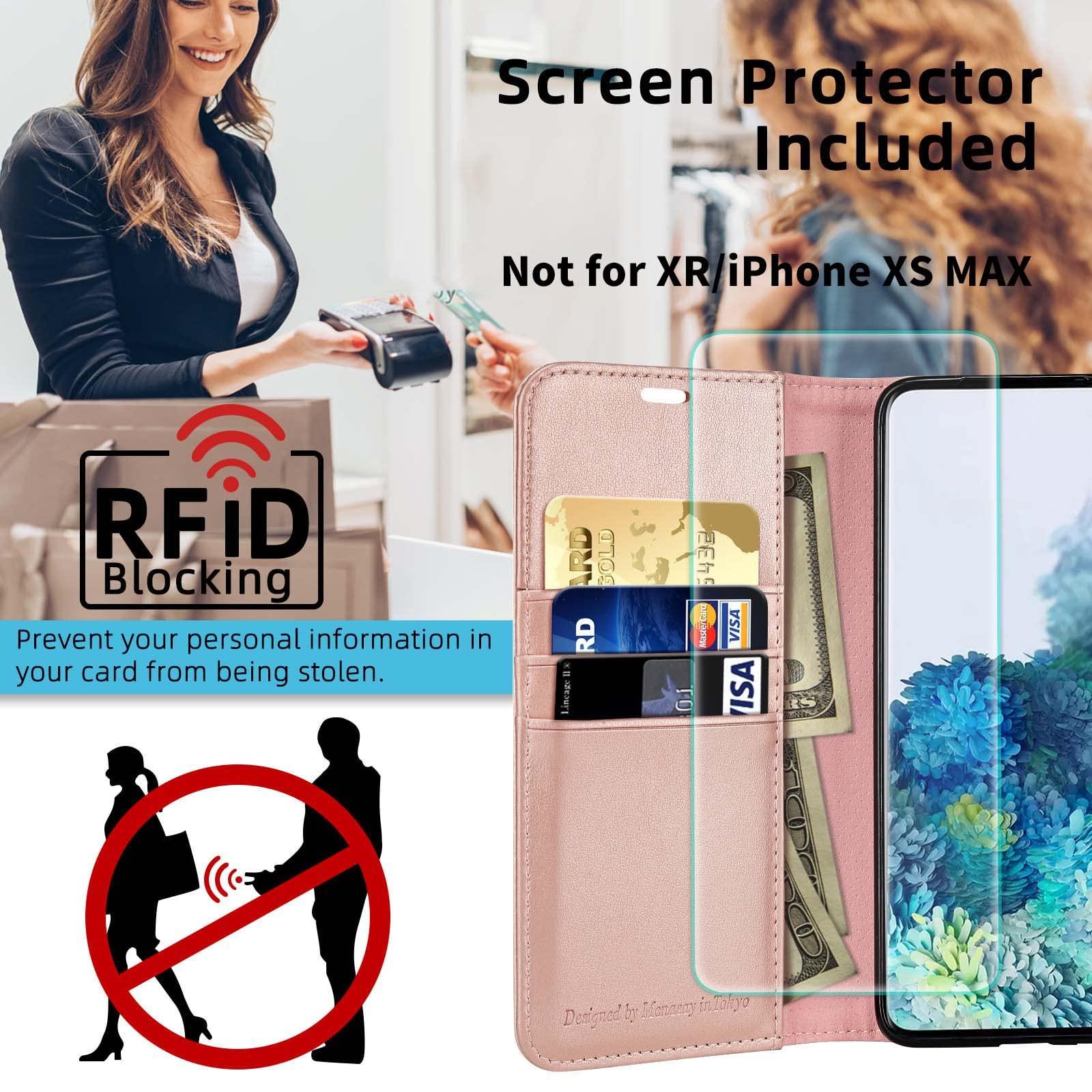 MONASAY MONASAY Wallet Case Compatible for iPhone X/iPhone Xs, 5.8-inch, [Glass Screen Protector Included] [RFID Blocking] Flip Folio Leather Cell Phone Cover with Credit Card Holder,Rosegold
