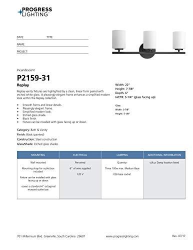 Progress Lighting Replay Collection 3-Light Etched Glass Modern Bath Vanity Light Textured Black