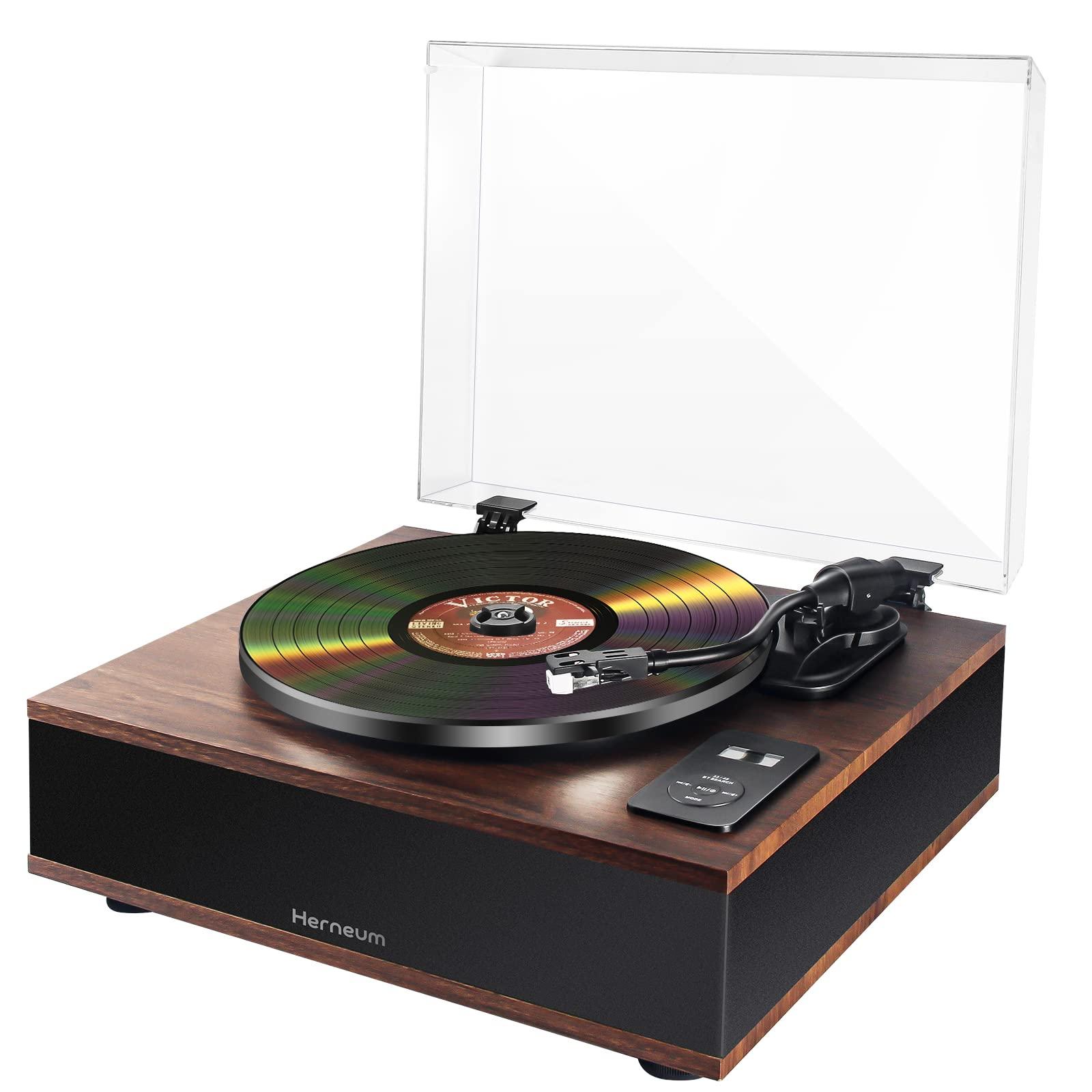 Herneum Record Player Bluetooth, Vintage Turntable with 2 Stereo Speakers Built-in Bluetooth Input Output for Double-Speed Vinyl Record Belt-Drive Manual Turntable Portable Record Player