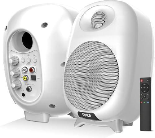 Pyle PyleUsa HiFi 60W Powered Bluetooth Bookshelf Monitor Speaker Set, Optical RCA in, Bass/Treble Adjustable, Deep Bass, 3 Audio Mode, Studio Computer Desk Stereo System, Remote Control, White - PBKSR40WT