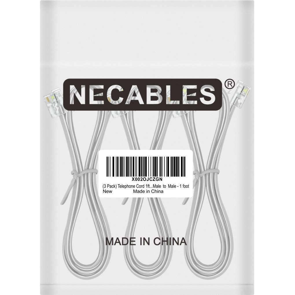 NECABLES NECABLES 3Pack Phone Cord 1ft Telephone Cord Phone Line Cord RJ11 6P4C Male to Male for Landline Phone and Fax - 1 Foot