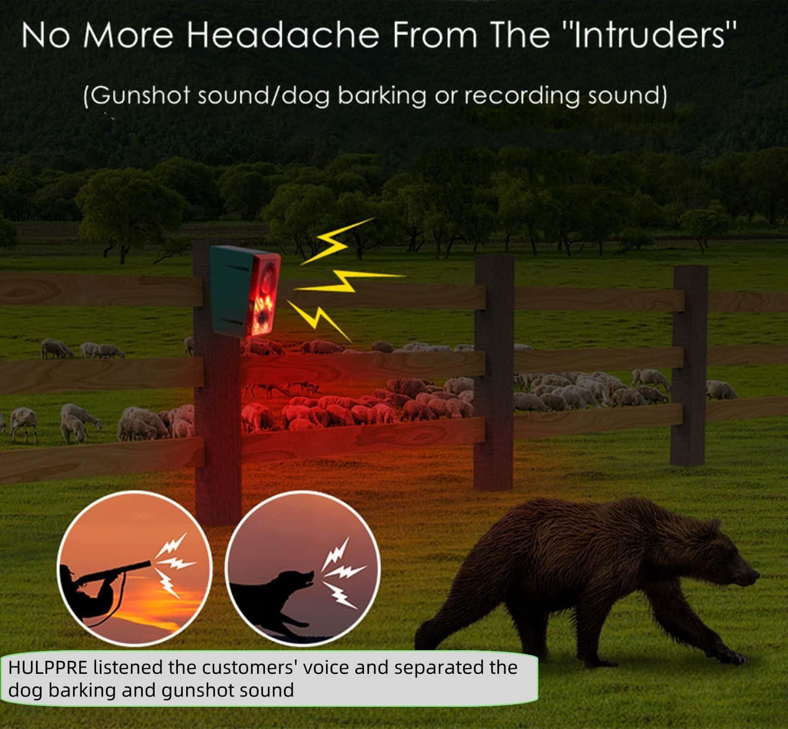 HULPPRE HULPPRE Solar Outdoor Motion Sensor Alarm-Dog Barking or Gunshot Sound,Support Recording&Volume,130db Loud Noise Maker,3 Work Modes Strobe Light with USB,Say Goodbye to The Intruders