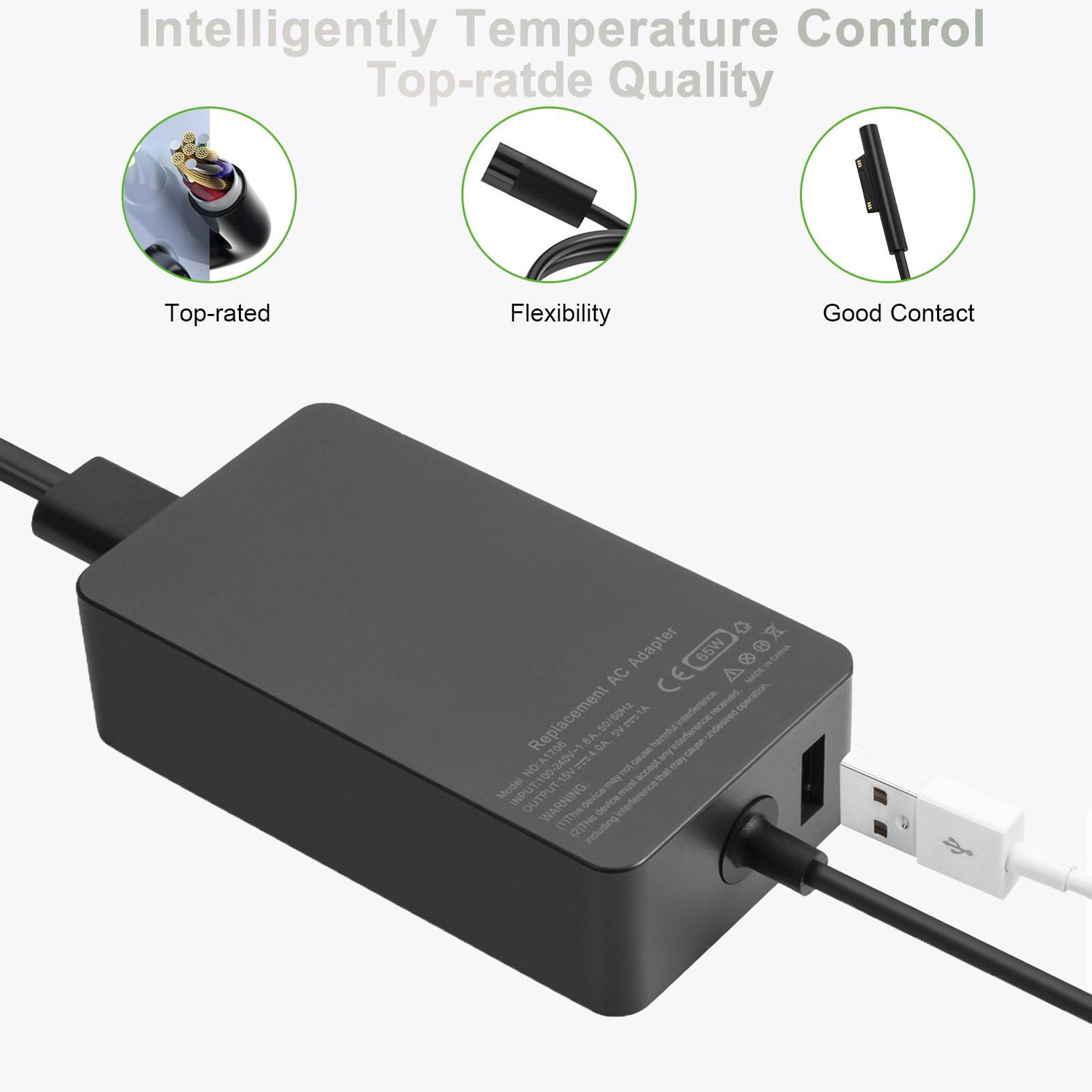 Ptioatns 65W Surface Pro Laptop Charger AC Adapter for Microsoft Surface Pro 3, 4, 5, 6, 7, 8, 9, 10, X, Surface Book 3, 2, 1, Windows Surface Laptop 6, 5, 4, 3, 2, 1, Surface Go Tablet, with 6.2ft Power Cord