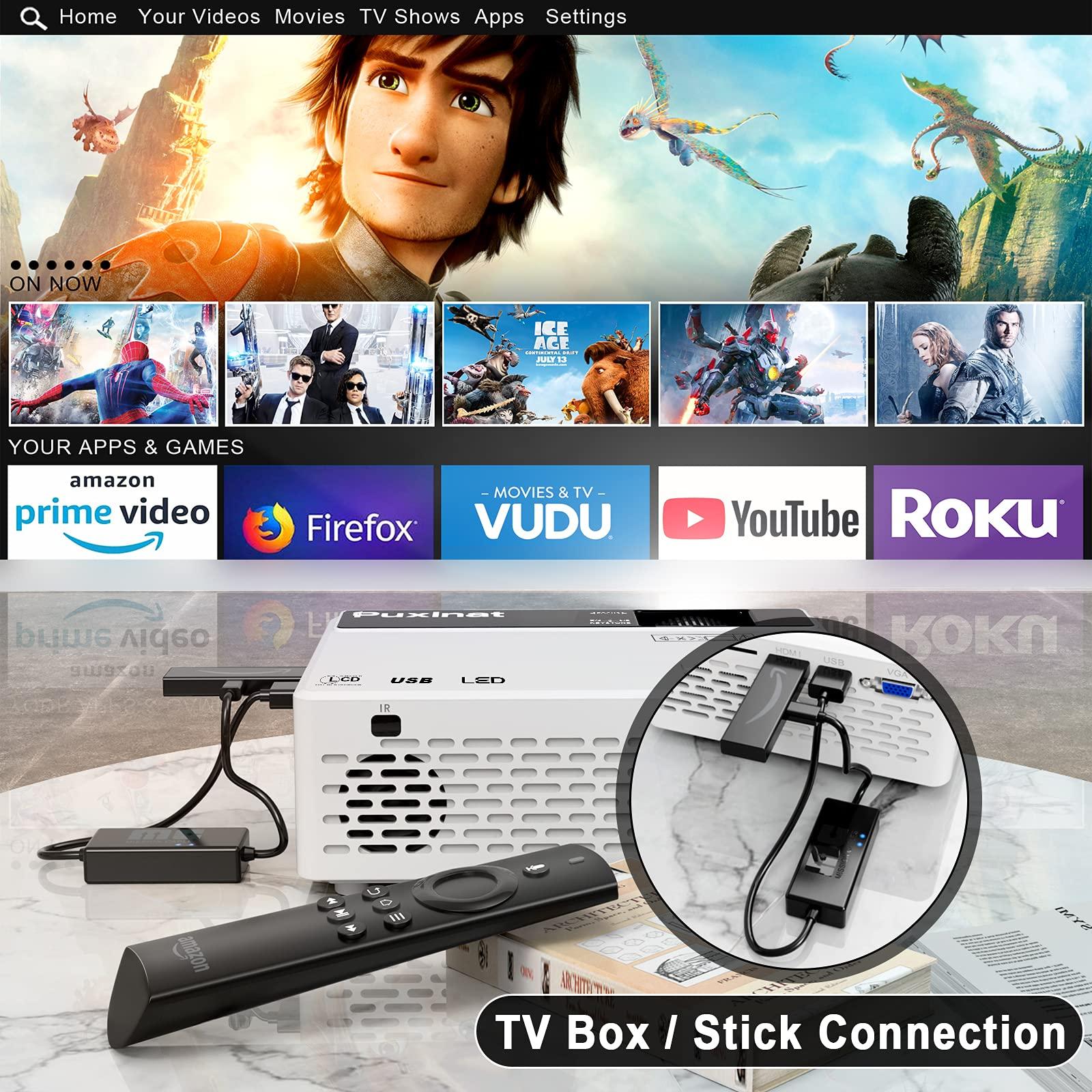 Puxinat Mini Projector, 1080P Full HD Supported Mini Projector, Portable Home Movie Theater Projector Compatible with TV Stick Smartphone & Tablet PC HDMI USB AV TF