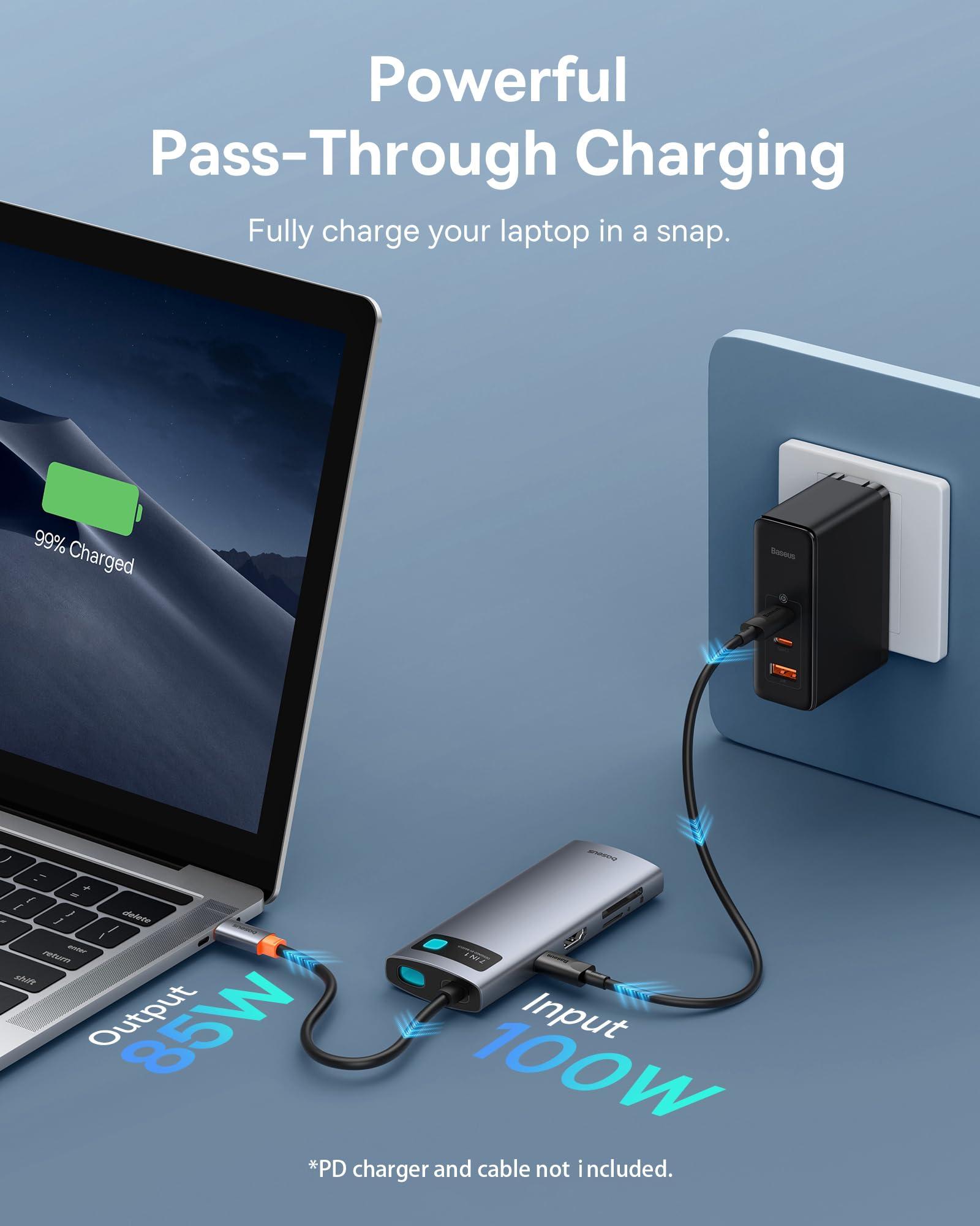 Baseus Baseus USB C to HDMI Adapter, 4K@60Hz USB C Docking Station, 7 in 1 USB C Hub with 3 USB-A, PD 100W, TF/SD Card Reader, Compatible for iPhone 15/Mac/Dell/Acer/HP/ASUS/Steam Deck/Rog Ally