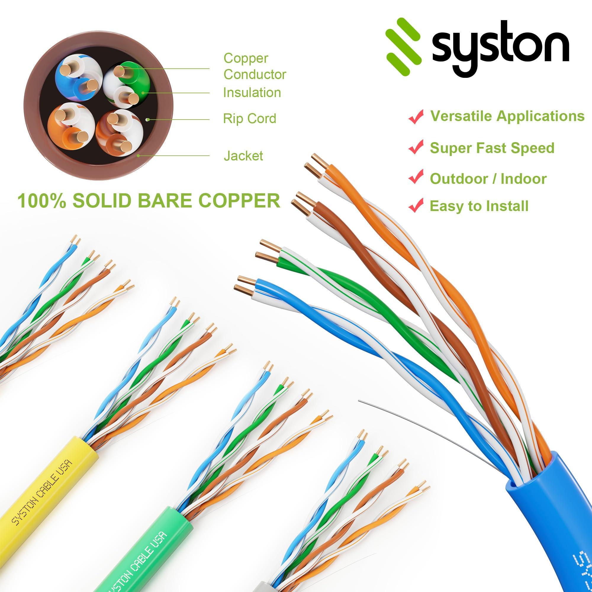 Syston Cable Technology Syston Cable Technology Cat 5e Ethernet Network Cable - 50 FT350MHz 24AWG Solid Bare Copper Wire Outdoor/Indoor, Bulk No Ends 10 Ft to 1000 Ft Available, Heat Resistant Plenum Rated - CMP
