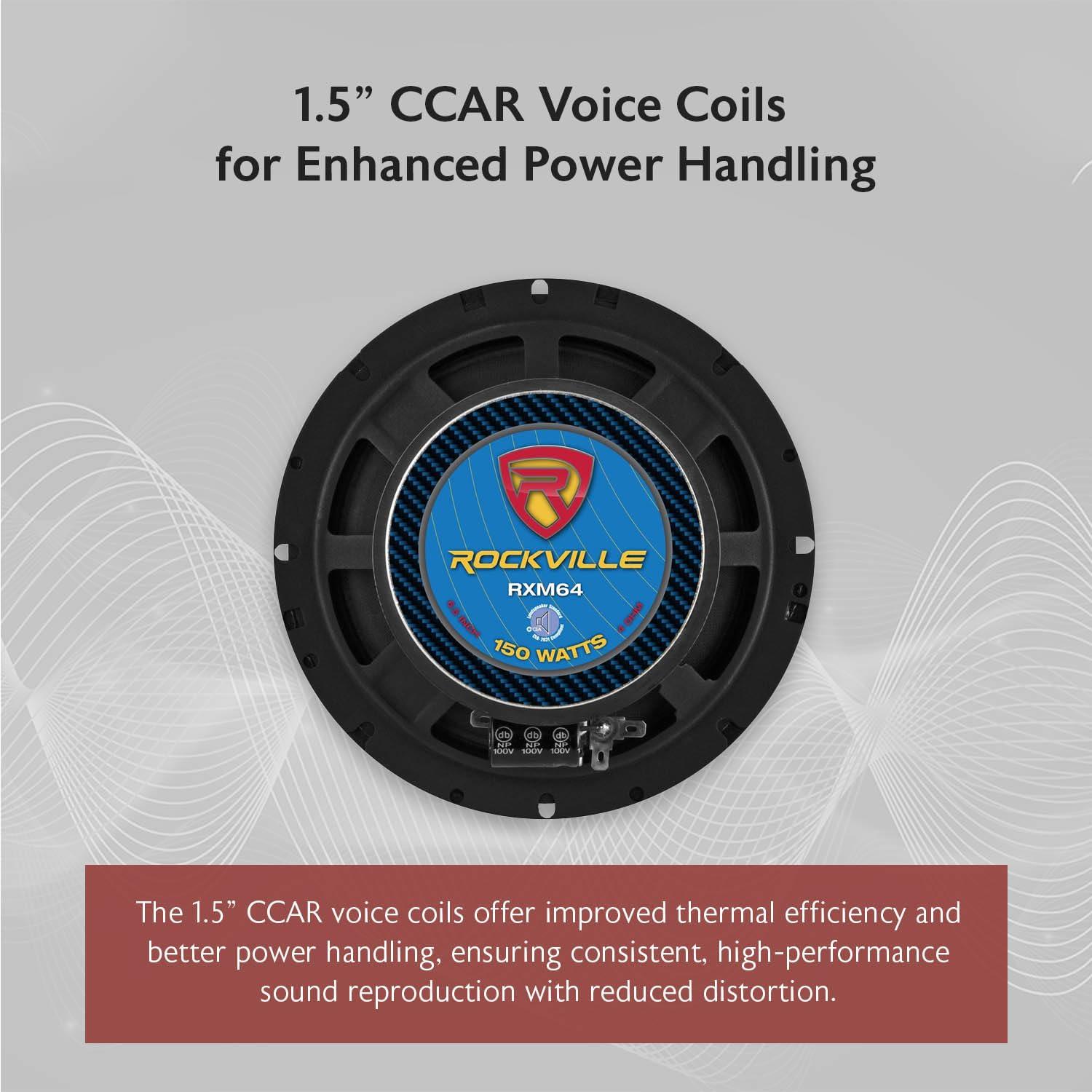 Rockville Rockville RXM64 6.5\" Mid-Range Car Speaker, 150W Peak/75W RMS, 4 Ohm, CEA Compliant, Crossover, With Grille, Loud and Clear, Perfect for Car Audio