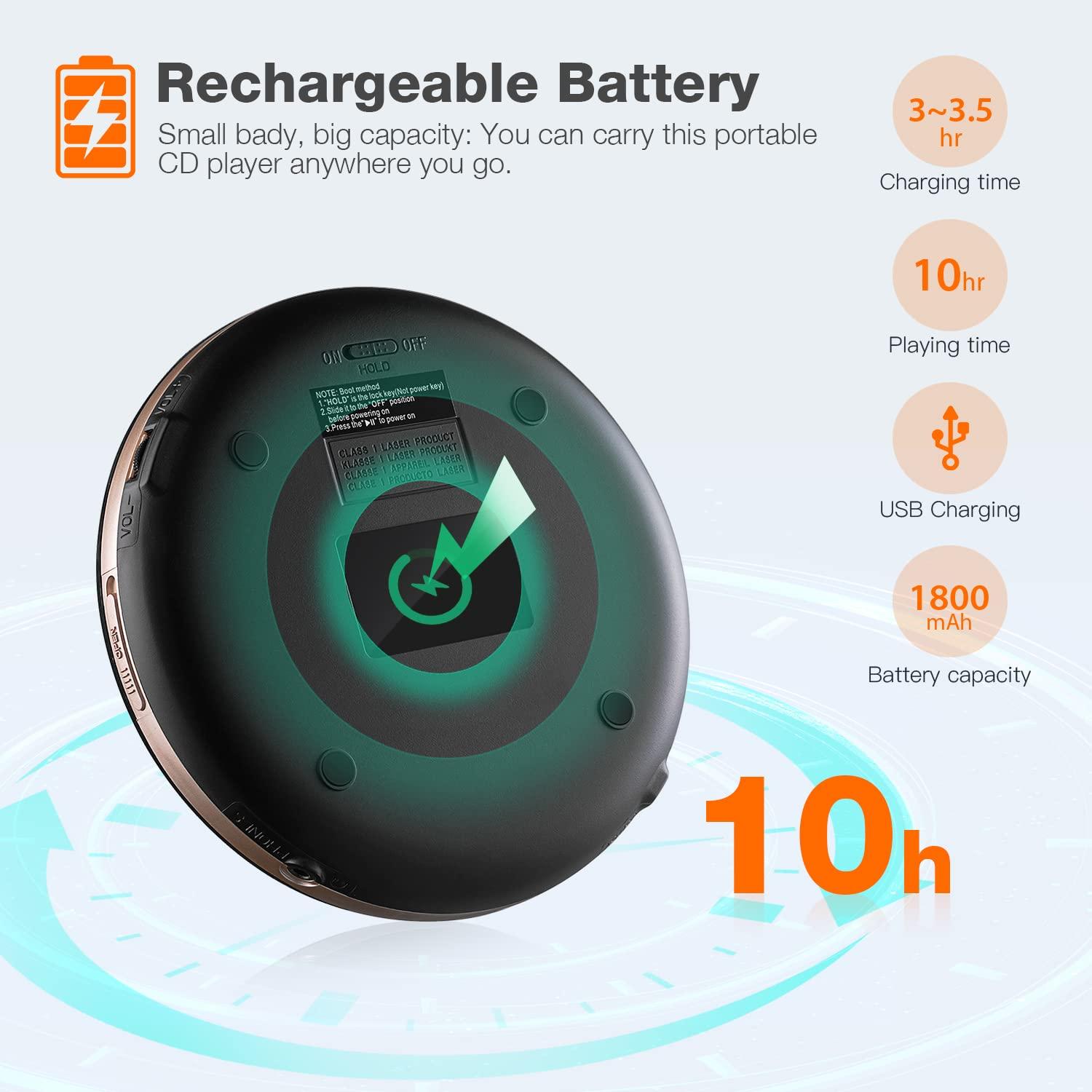 HOTT HOTT CD711T Bluetooth Rechargeable Portable CD Player for Home Travel and Car with Stereo Headphones and, Anti Shock Protection-Black