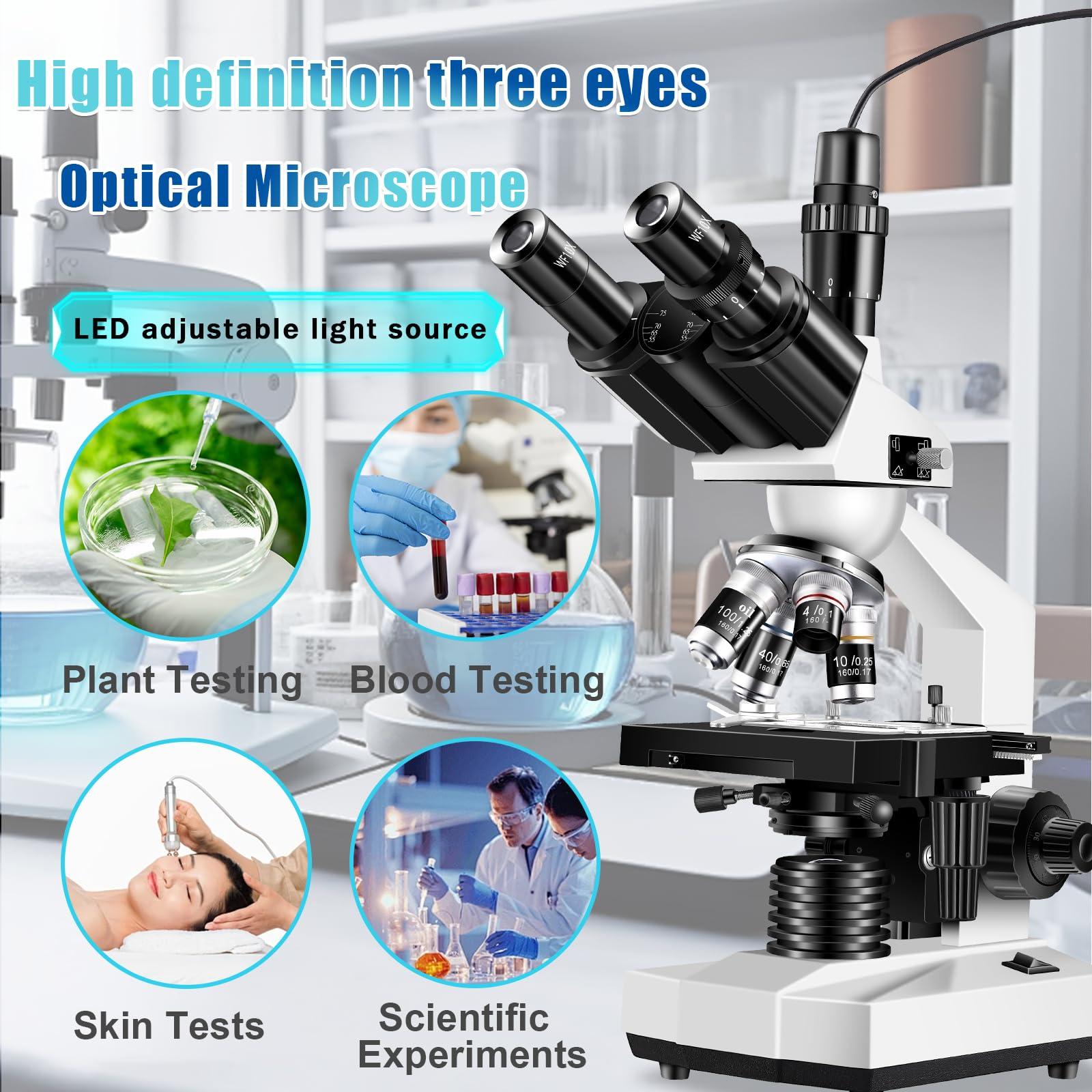 Woehrsh Trinocular Microscope 40X-5000X Magnification, Microscope for Adults, Laboratory Grade with Dual Mechanical Stage and HD USB Camera Microscope (Adult Trinocular Microscope with Electronic Eyepiece)