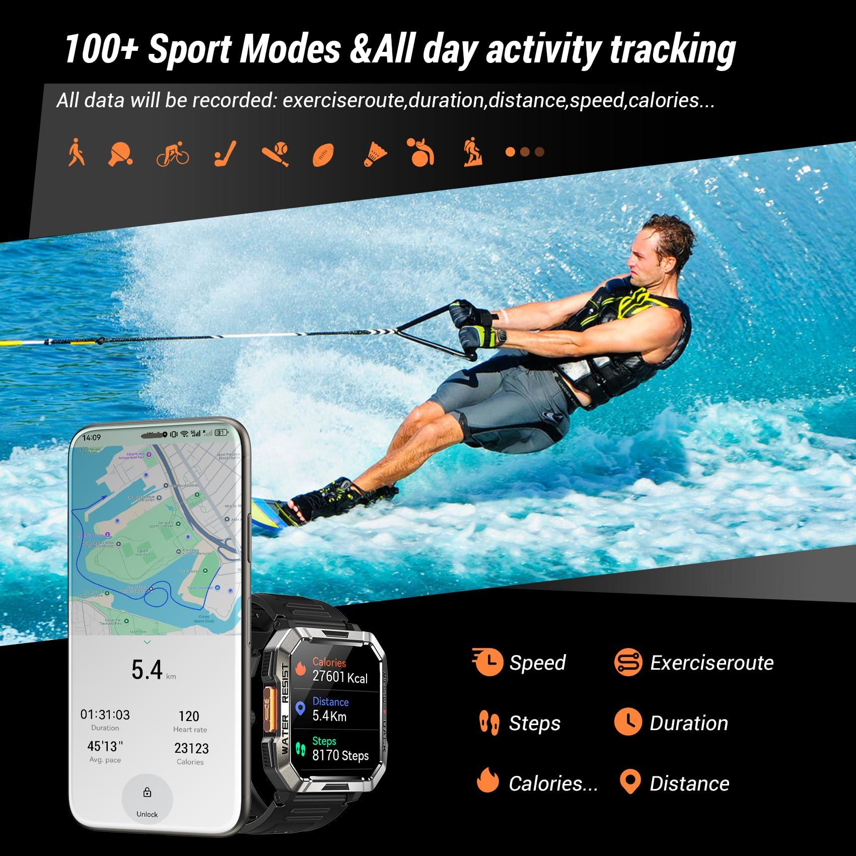 IOWODO Military Smart Watch for Men (Answer/Make Calls), 2.01'' Smart Watch for Android and iPhone, Fitness Tracker with Flashlight/Compass/100 Days Battery/Heart Rate/Sleep/100+ Sport Modes(2 Straps)