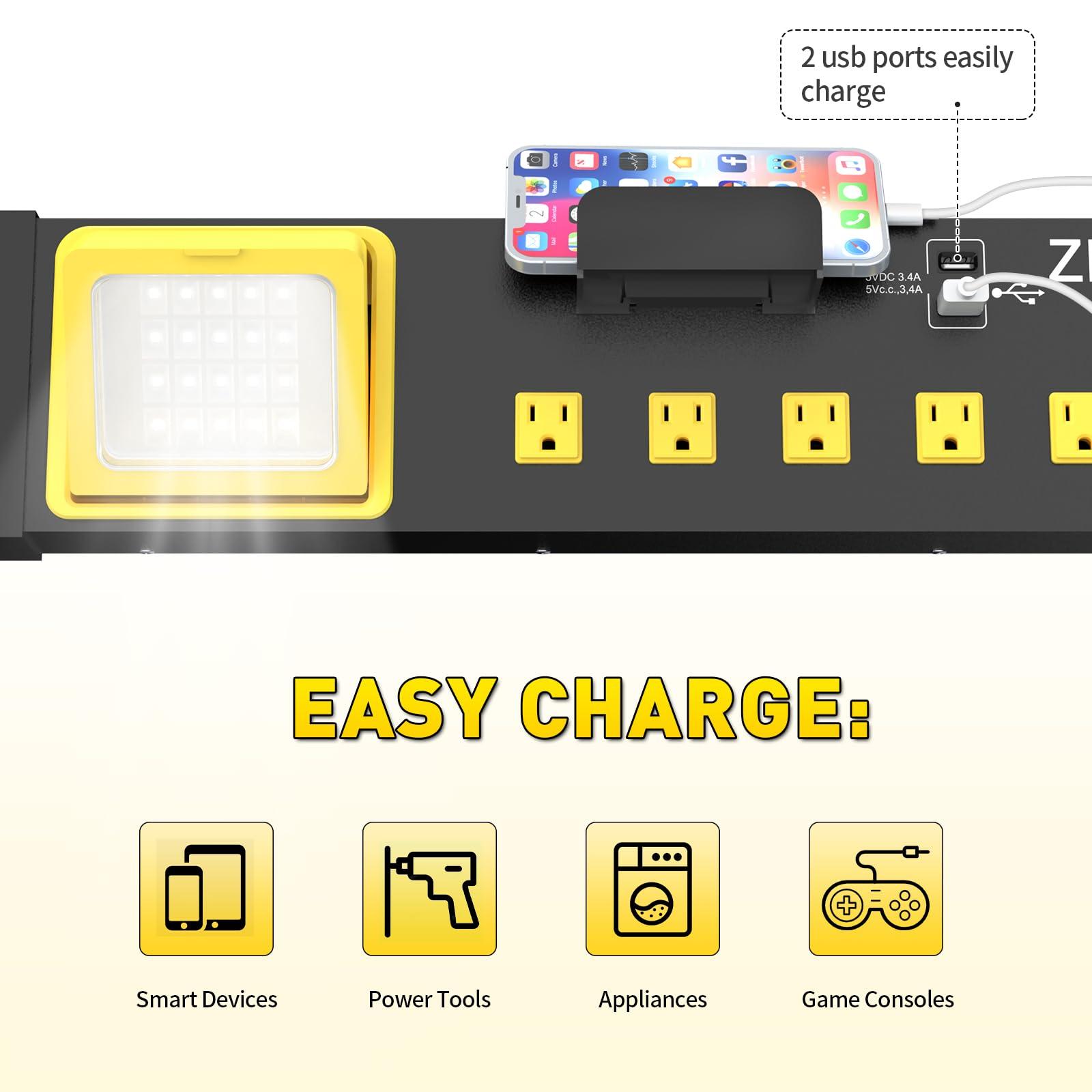 ZESEN ZESEN 10 Outlet Power Strip with LED Worklight, Heavy Duty Metal Power Strip Surge Protector 4ft Cord with 2-Port USB Charge, ETL Listed for Workshop Garage Office Home