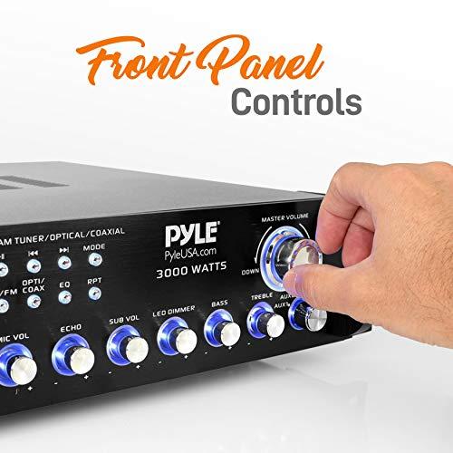 Pyle Pyle Bluetooth Multi-Channel Hybrid Pre-Amplifier System - 3000W Home Audio Rack Mount Stereo Power Amplifier Receiver w/ Radio, USB, UHF, Dual Wireless Karaoke mic, Speaker Sound System -PWMA4004BT