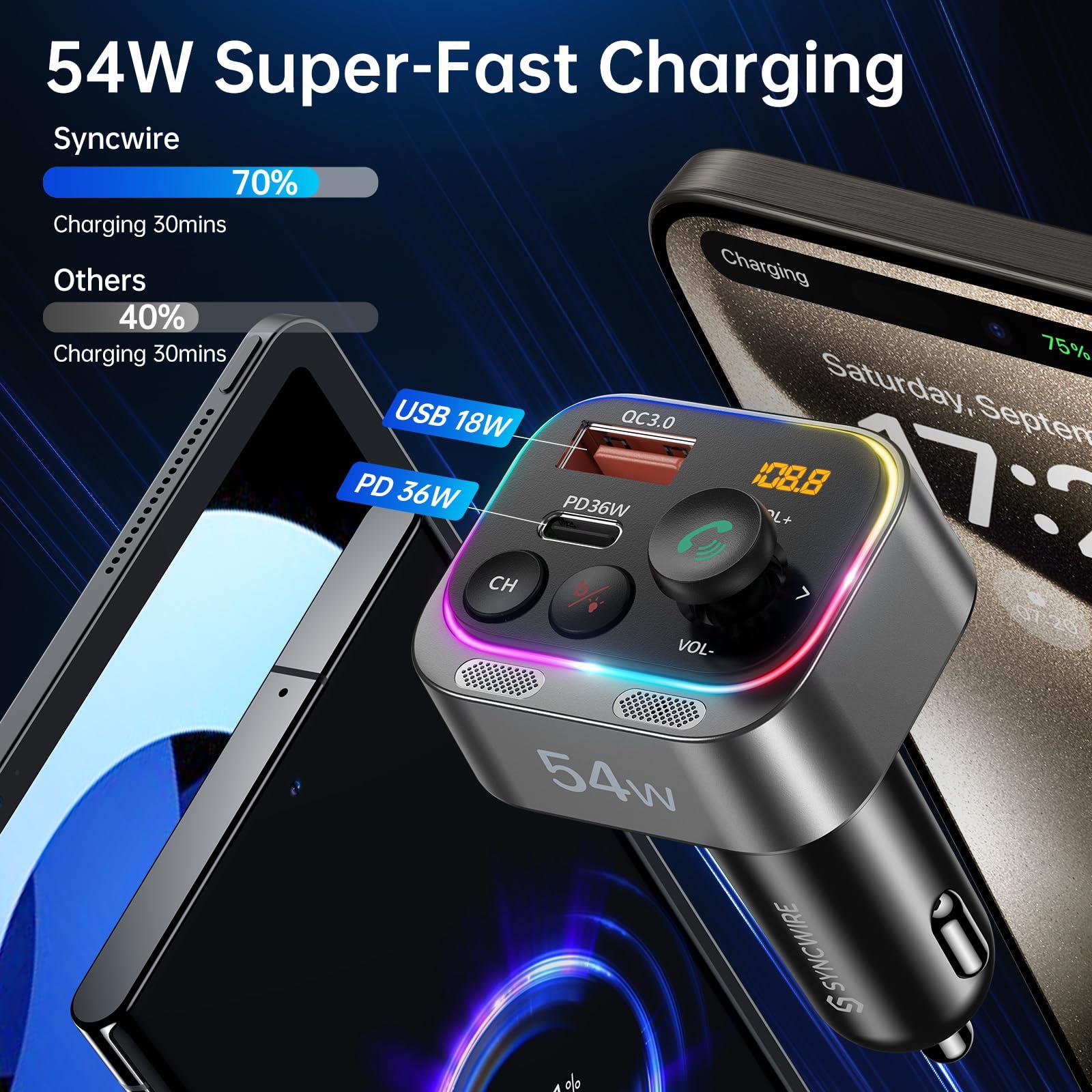 SYNCWIRE Syncwire Bluetooth 5.4 FM Transmitter Car Adapter 54W (PD 36W & 18W) [Stronger Dual Mics] [Light Switch] [HiFi Bass Sound] [Fast Charging] Wireless Radio Receiver Hands-Free Calling LED Display