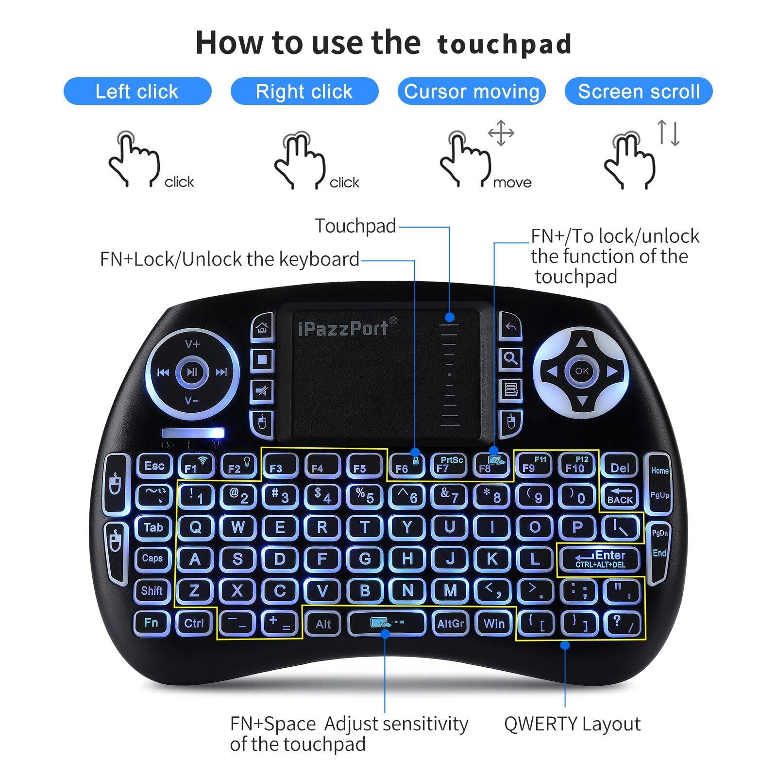 iPazzPort iPazzPort (Upgrade Mini Bluetooth Keyboard with Touchpad (Handheld Keyboard), Backlit Mini Wireless Keyboard with 2.4G USB Dongle for Android TV Box/FireStick/Laptop/PC 21SM