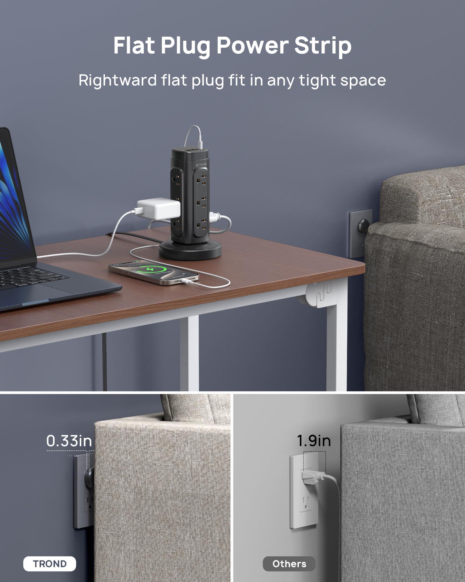 TROND TROND Retractable Power Strip Tower - Flat Plug Surge Protector Power Strip with USB C PD 20W, 5ft Extension Cord with Multiple Outlets, 1700 Joules, Office Desk Supplies, Dorm Room Essentials, Black