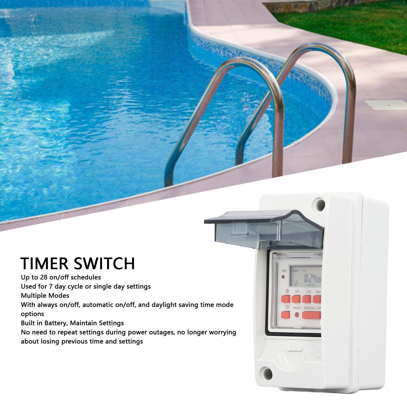 Dpofirs Programmable Digital Timer Switch for Pool Pumps, Heaters, Filters, 7-Day 28 ONOFF Timer Settings, AC85-265V LCD Display Digital Timer Switch with Waterproof Box