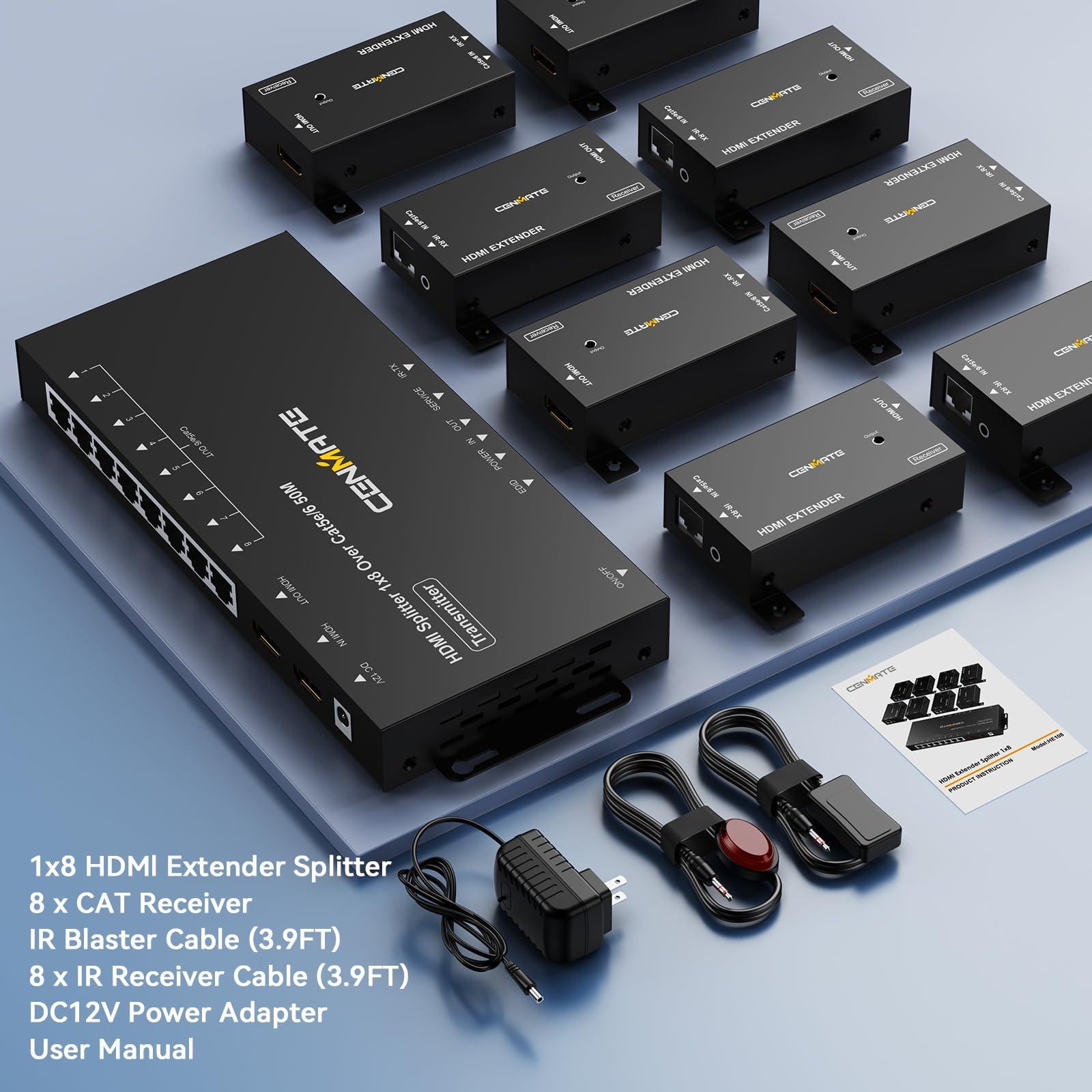 cenmate CENMATE 1x8 HDMI Extender Splitter, 1080P@60Hz HDMI Over Ethernet, Up to 165 FT Transmission Over CAT5e/6/7, 8 Channel Transmission with 1 HDMI Loop Out, Supports IR Control, 3D, HDCP, EDID, POC