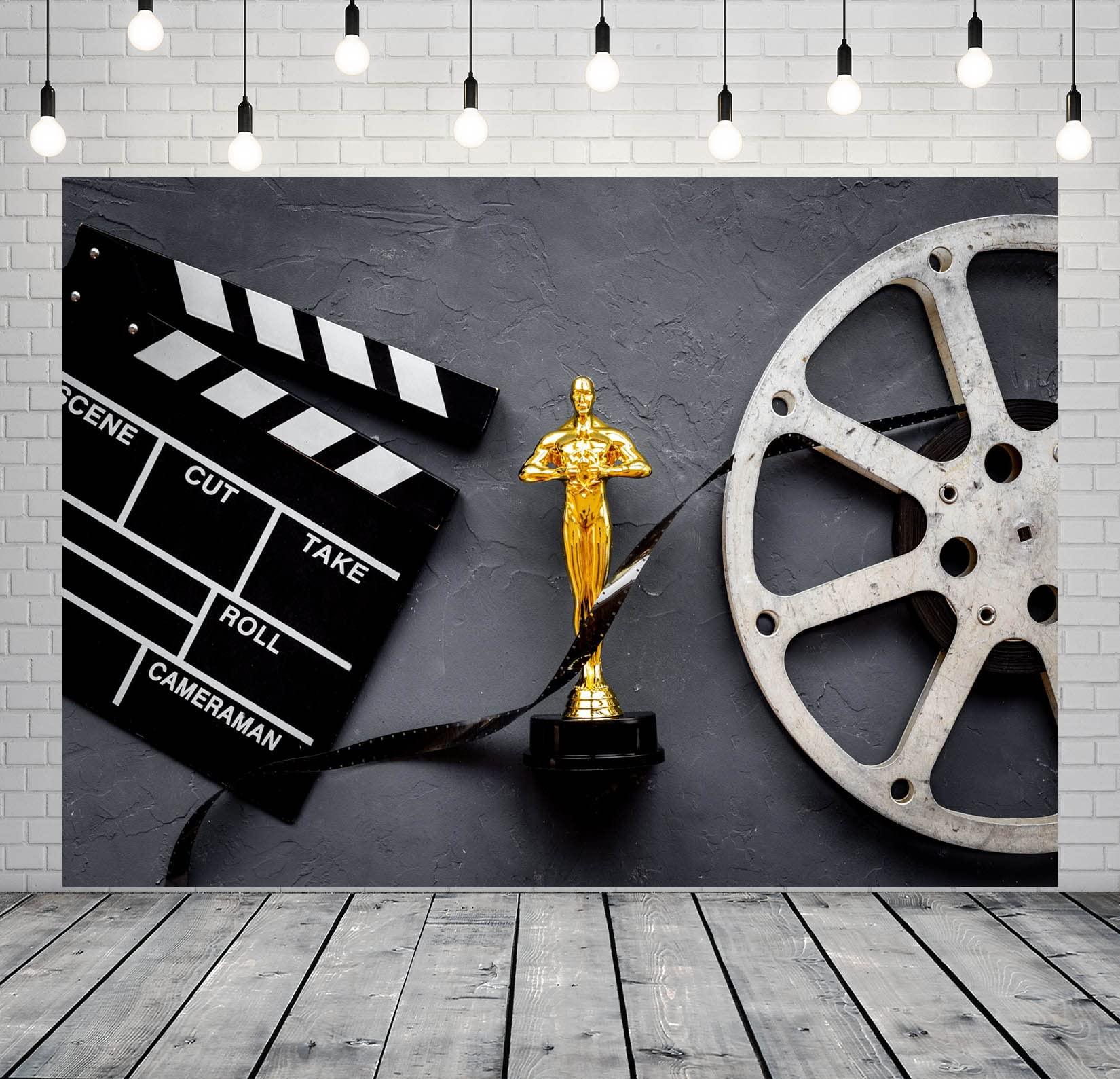 BELECO BELECO 7x5ft Fabric Movie Theme Backdrop for Photography Golden Movie Award Statue with Film Reel Video Tape and Clapper Board Background for Movie Night Theme Party Decorations Portrait Photo Props