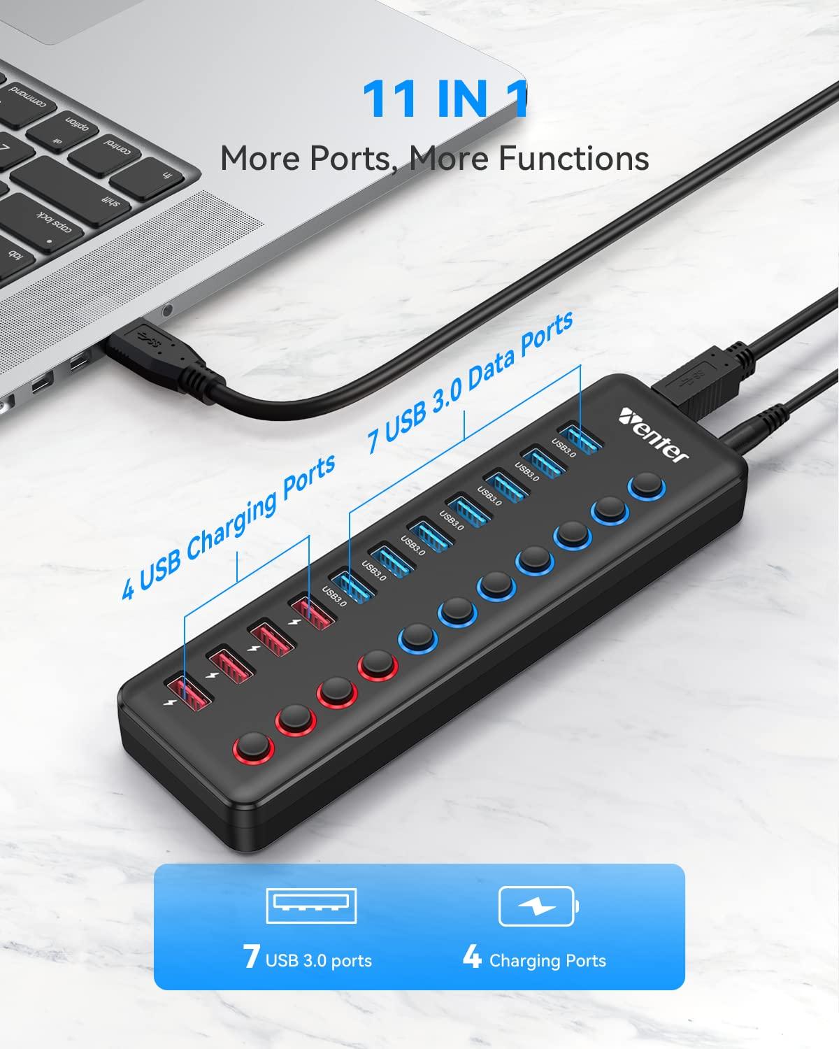 WENTER Powered USB 3.0 Hub, Wenter 11-Port Hub Splitter (7 Faster Data Transfer Ports+ 4 Smart Charging Ports) with Individual LED On/Off Switches, Power Adapter for Mac, PC