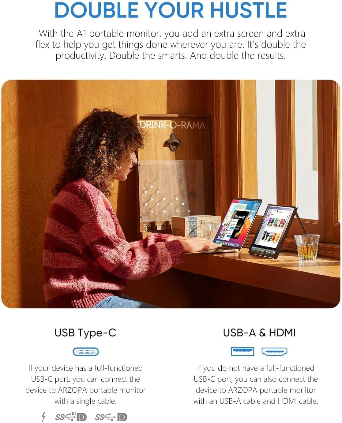 ARZOPA ARZOPA Portable Monitor 15.6\'\' FHD 1080P - Ultra-Slim Portable Laptop Monitor with Kickstand - IPS Display for PC, MAC, Phone, Xbox, PS5 - USB C & HDMI Connectivity - A1