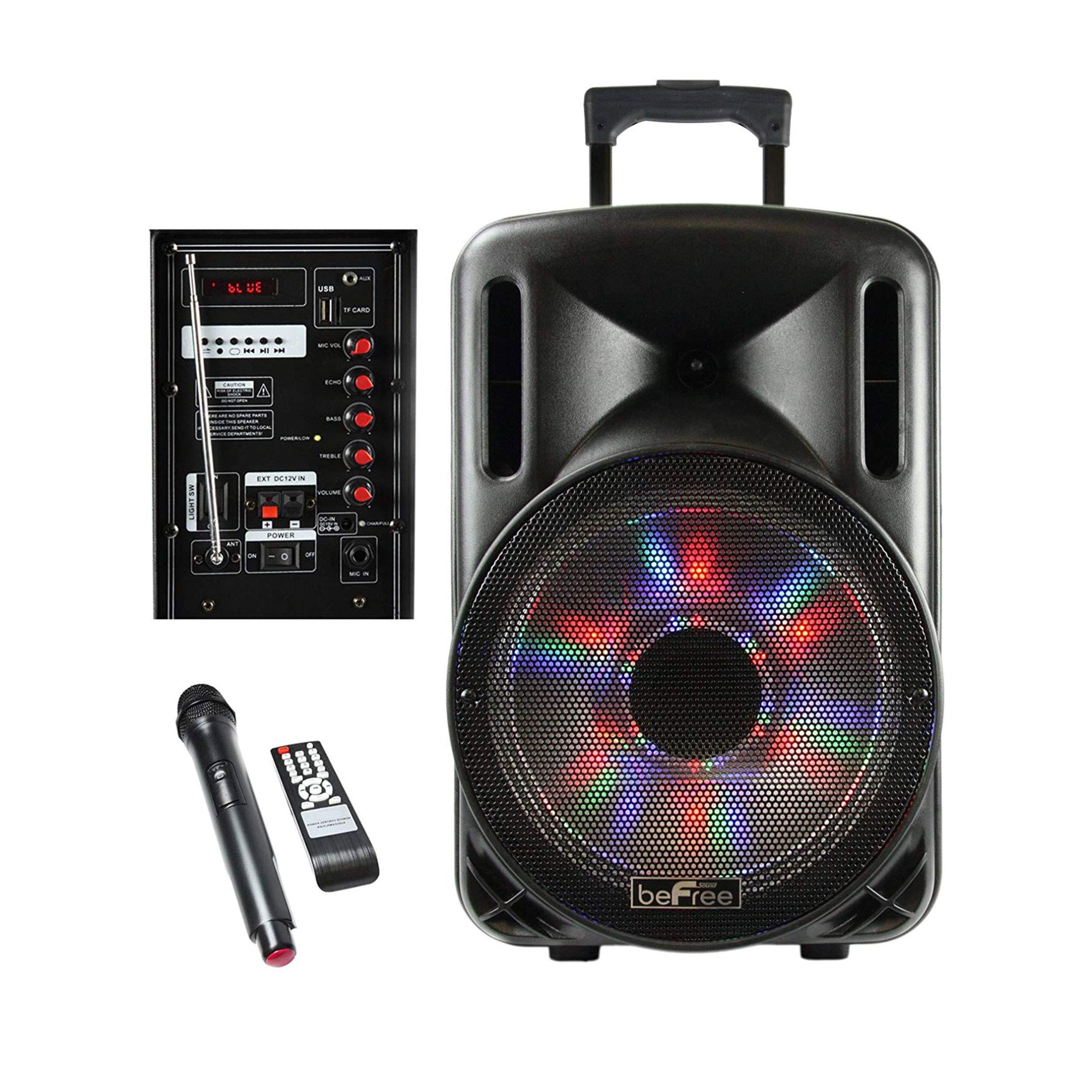 beFree Sound beFree Sound 12 Inch 2500 Watt Bluetooth Portable Party PA Speaker with Illuminating Lights and USB/MicroSD/AUX-in/FM Radio/DV12V Inputs, Black, (BFS-12 Portable Speaker)