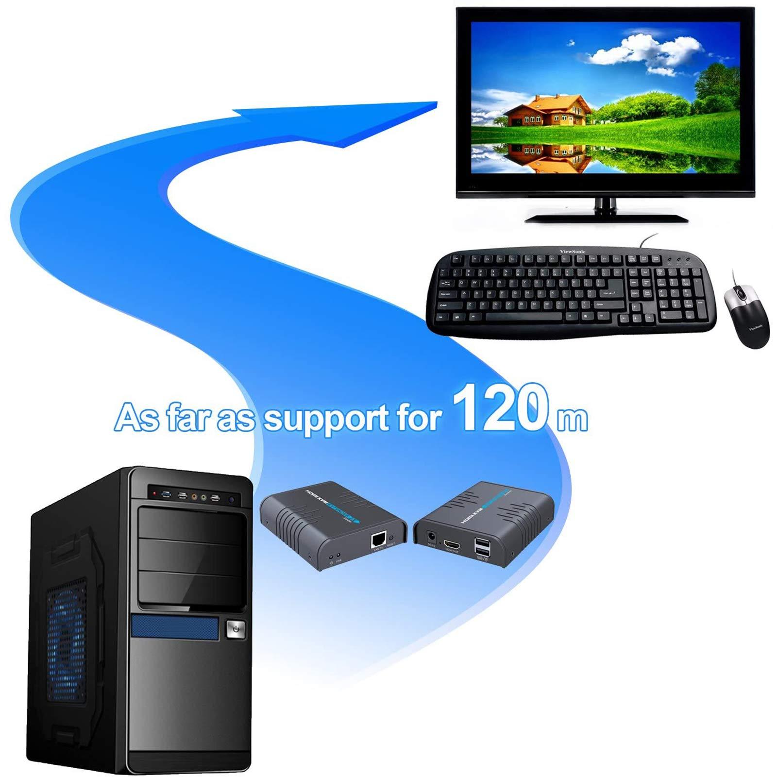 AGPTEK AGPtEK USB HDMI KVM Extender Over Single Cat 5/5E/6/7 Ethernet Cable- Signal Extension Up to 120m/365Ft- USB Keyboard Mouse Support- Adapter for Residential/Commercial Use