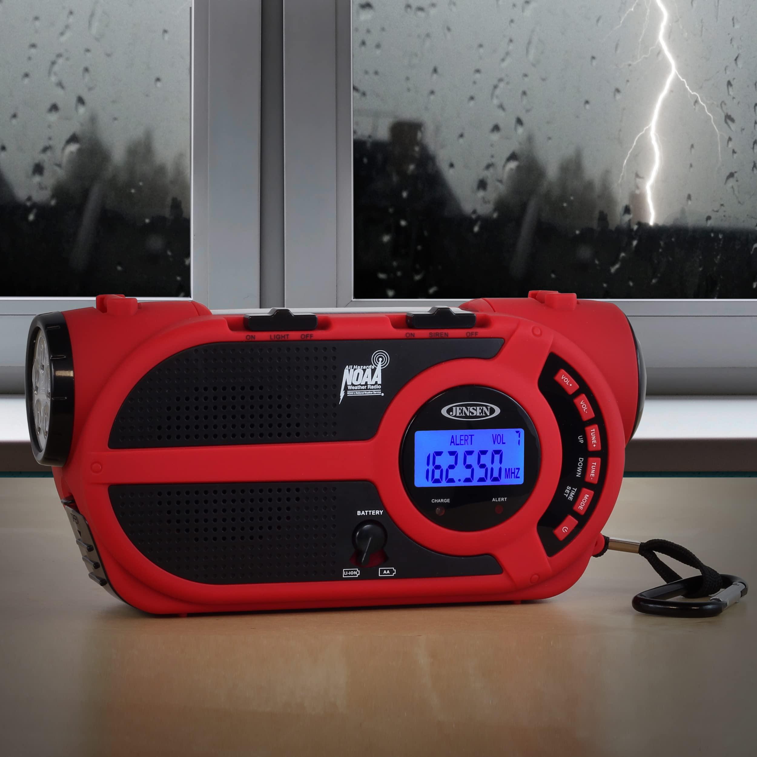 Jensen JENSEN JEP-650 Portable Digital AM/FM Weather Radio with Weather Alert, Flashlight, and 4-Way Charging, Red, JEP-650