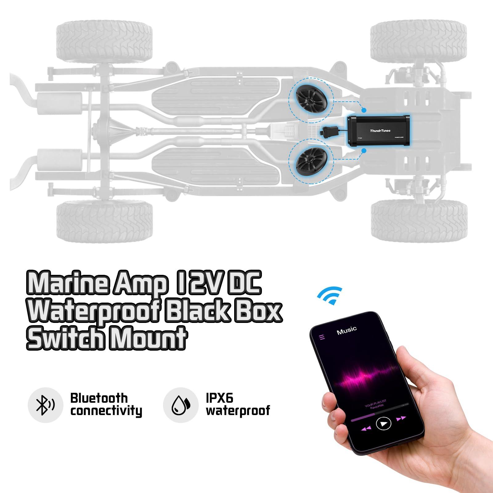 ThundrTunes ThundrTunes Marine Powersport Bluetooth Amplifier Audio System with 2pcs White Speakers, Class D 60W x 4 CH, Switch Mount, Suitable for Motorcycle, UTV, ATV, Boat