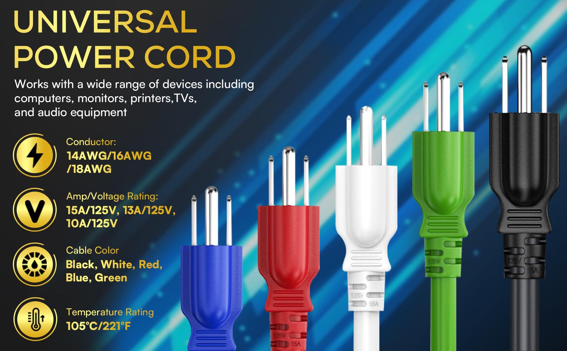 Cable Leader CableLeader 3ft 18 AWG Universal Power Cord IEC320 C13 to NEMA 5-15P, Extension Power Cord, Compatible with Computers, Monitors, Printers & TVs, White