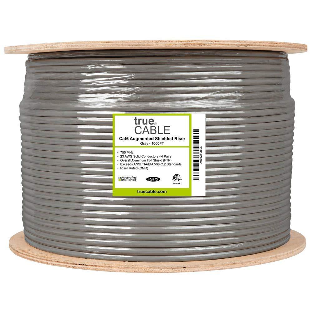 TRUE CABLE trueCABLE Cat6A Shielded Riser (CMR), 1000ft, Gray, 23AWG Solid Bare Copper, 750MHz, PoE++ (4PPoE), ETL Listed, Overall Aluminum Foil Shield (F/UTP), Bulk Ethernet Cable
