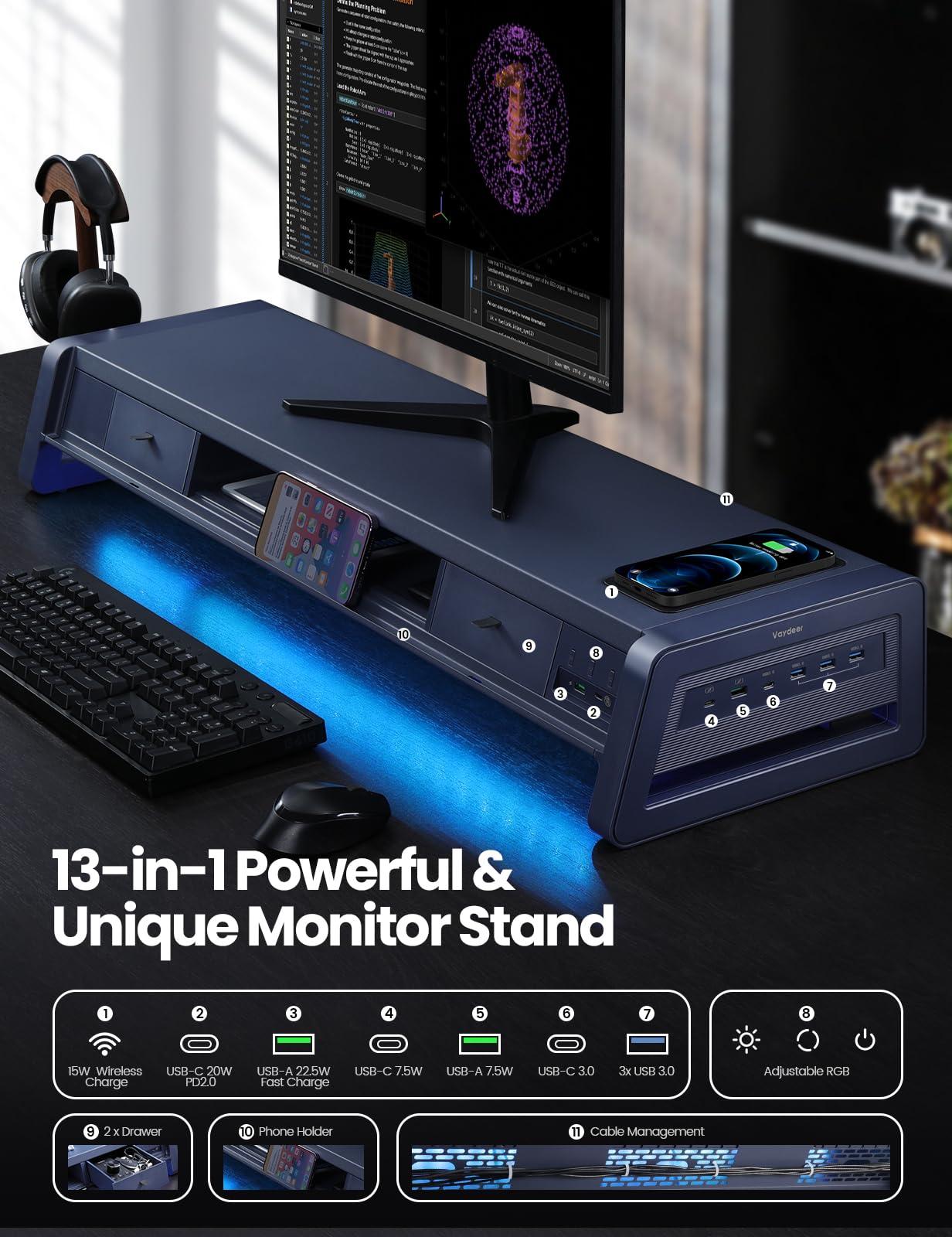 Vaydeer Vaydeer All-in-One Dual Monitor Stand Riser with 2 Drawers, 8USB Ports and Wireless Charging Pad with LED Light Strip for 2 Monitors , Desk Organizer for PC, iMac (Metal, 39.3 inches)