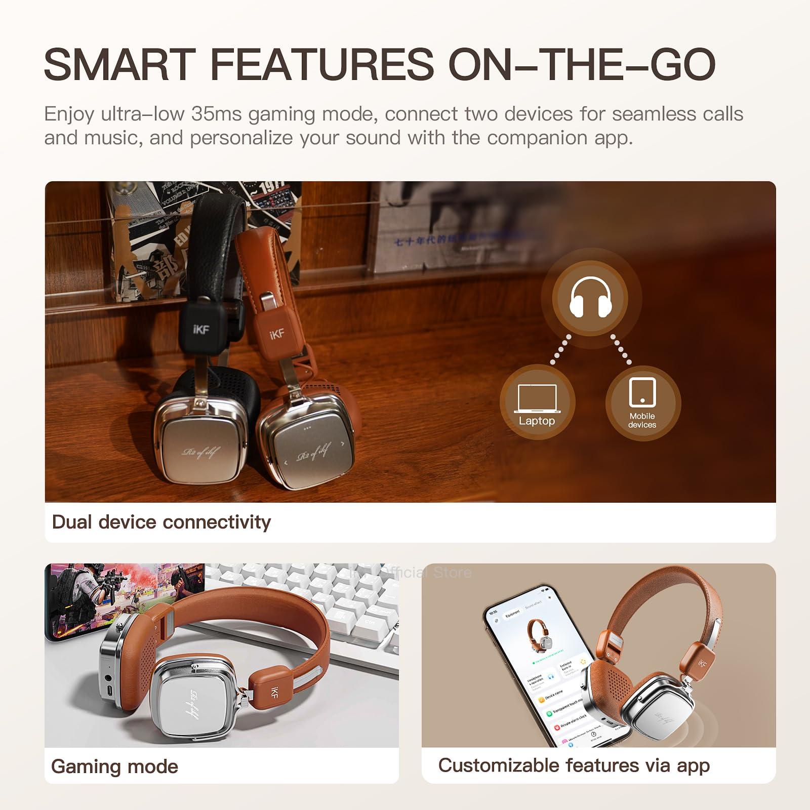 iKF iKF R2 Retro Classic Wireless Headphones,On Ear Headset,Ergonomic Design,40mm Drivers, ENC Clear Call, Bluetooth & Wired Dual Mode, 60H Playback,Throwback 80s 90s,OOTD(Brown)