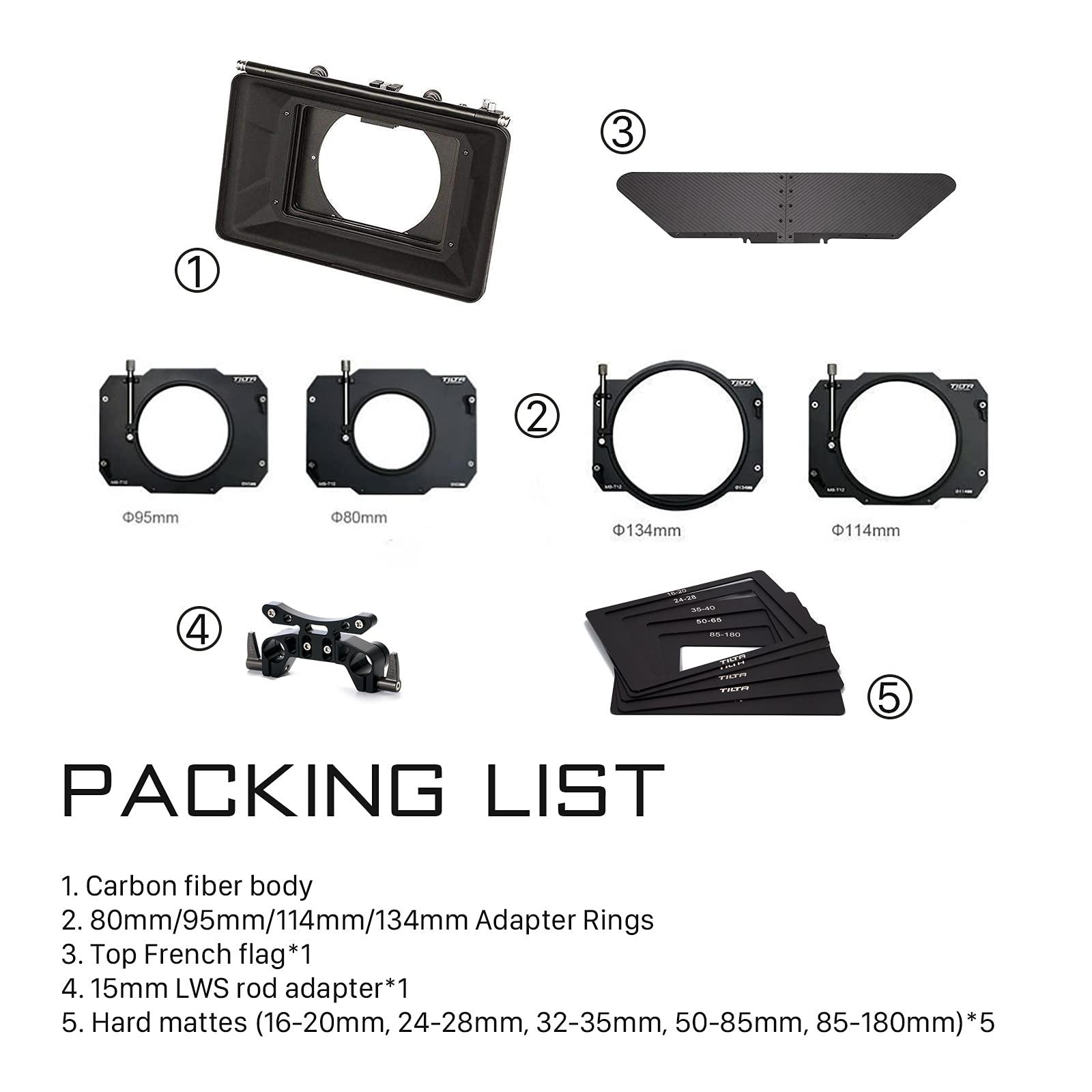 Tilta Tilta Matte Box for Studio Cinima Cameras, 3 Pcs 4x5.65 Filter Frame with 5 Lens Adapter Rings (134/114/110/95/80mm) Carbon Fiber Top Flag 5 Pcs Front Matte 15mm Rod Adapter MB-T12
