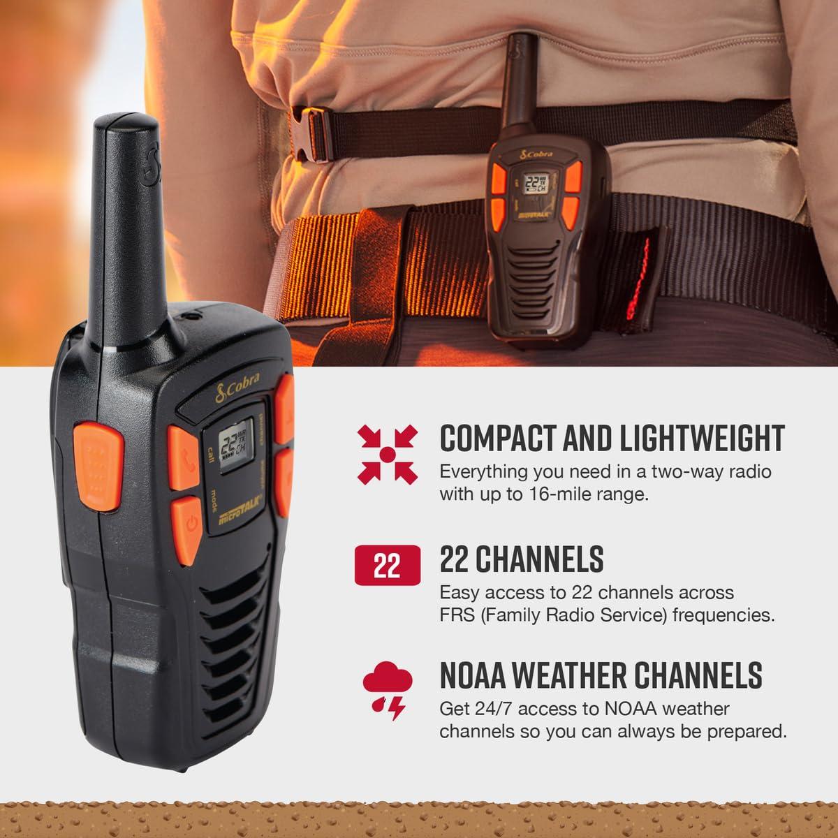 Cobra Cobra ACXT145-3 Compact Walkie Talkies - Rechargeable, Lightweight, 22 Channels, Long Range 16-Mile Two-Way Radio Set (3-Pack), Black