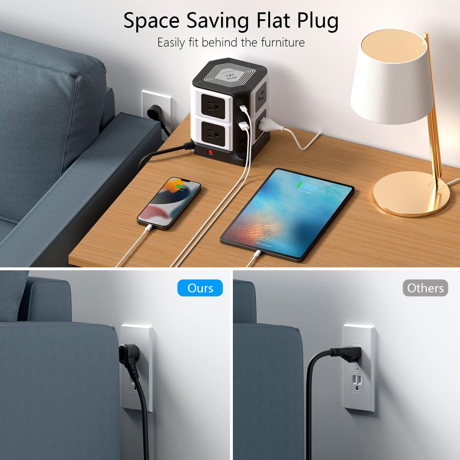 BESTEK USB Power Strip with Wireless Charger BESTEK 8-Outlet Surge Protector and 40W 6-Port USB Charging Dock Station,1500 Joules,ETL Listed,Dorm Room Accessories (8AC+6USB+Wireless Charger-Black)