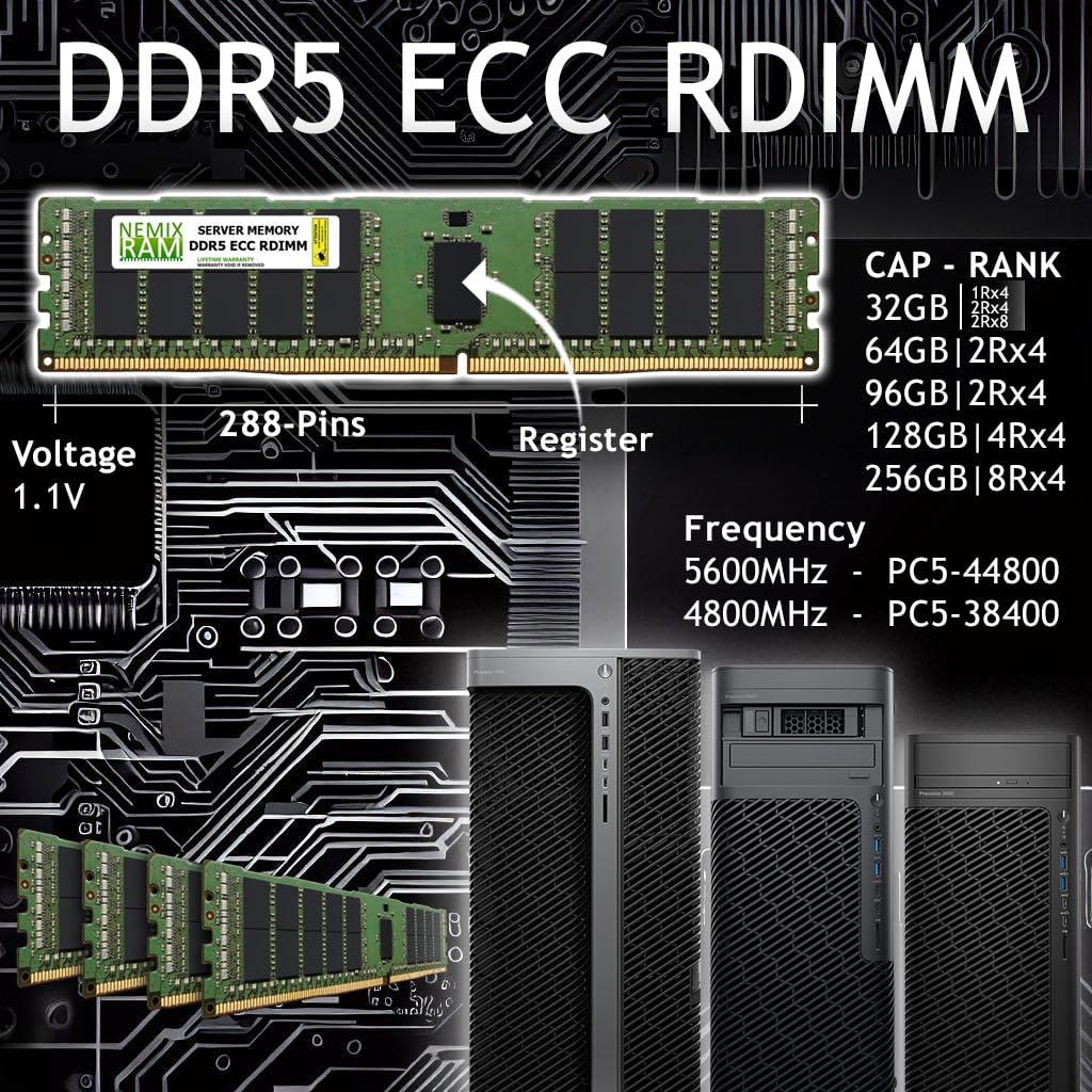 NEMIX RAM NEMIX RAM 96GB (6X16GB) DDR5 4800MHZ PC5-38400 1Rx8 1.1V CL40 288-PIN ECC RDIMM Registered Server Memory KIT Compatible with SUPERMICRO X13SET-G | X13SET-GC Motherboard