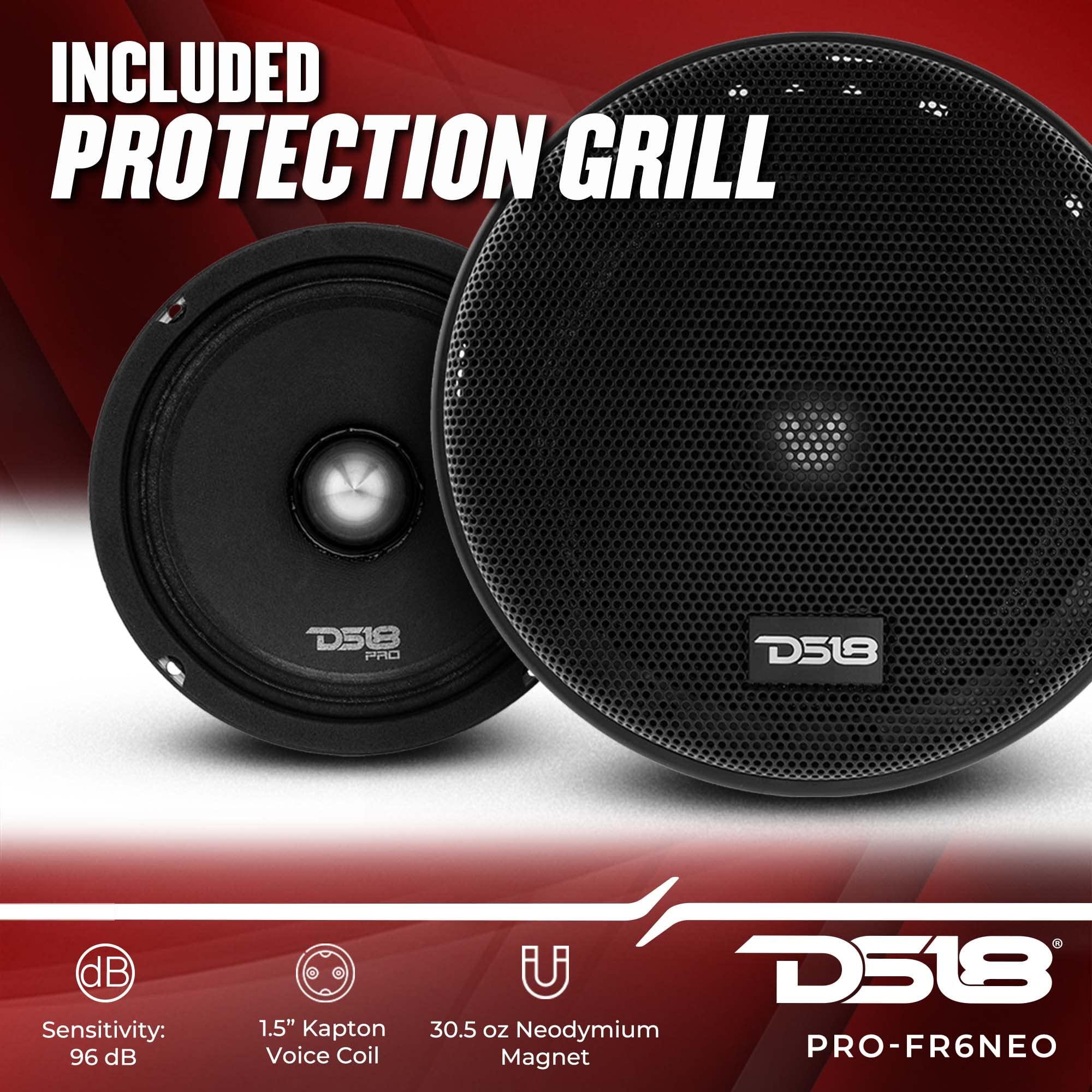 DS18 DS18 PRO-FR6NEO 6.5" Car Speaker Full-Range with Silver Aluminum Bullet 450 Watts Max 225 Watts RMS 4-Ohms Grill Included Neodymium Magnet Loudspeaker Pro Car Audio. Speaker Wire Included - 2 Speakers